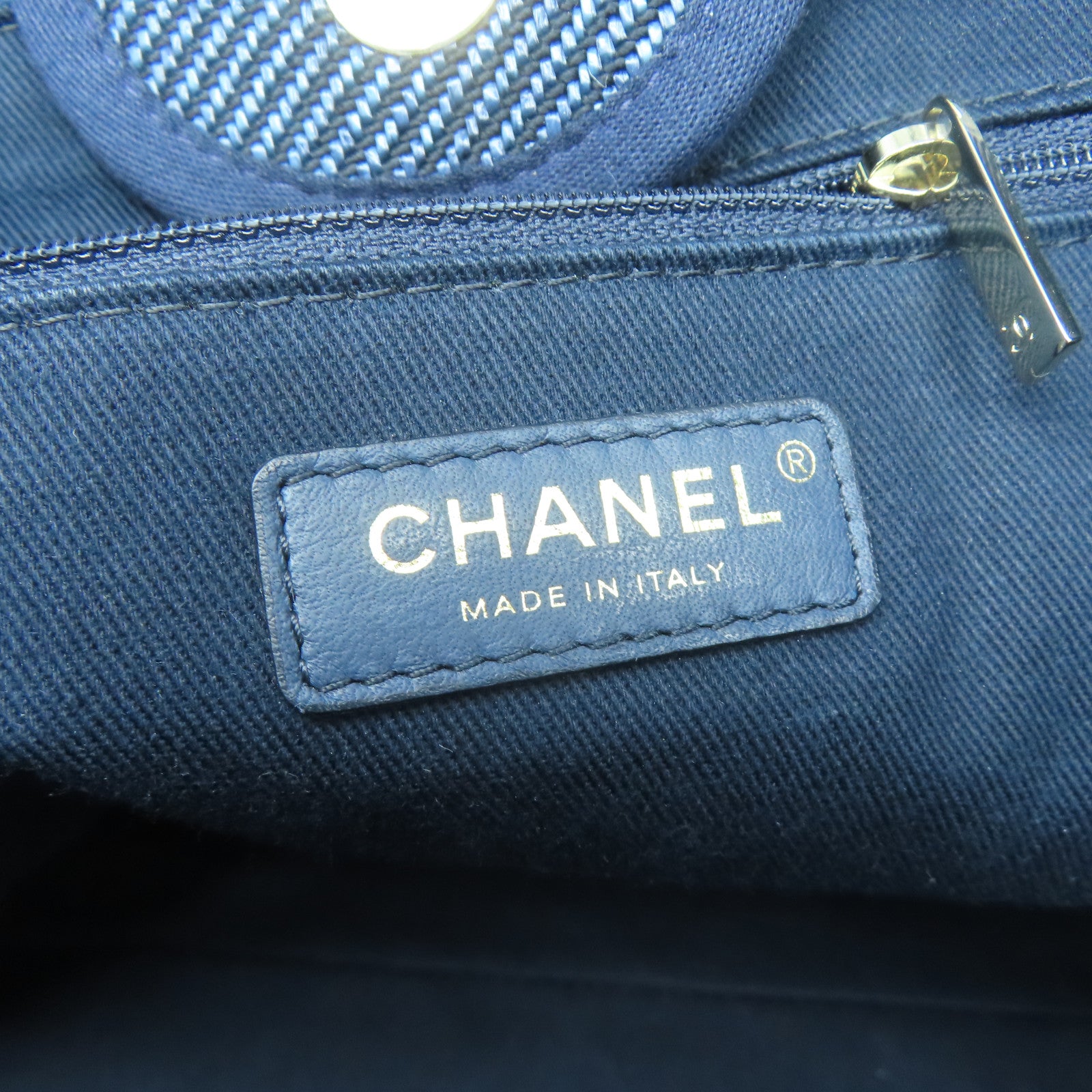 CHANEL 帆布/牛皮皮革Deauville Tote銀扣手挽肩背兩用袋深藍色