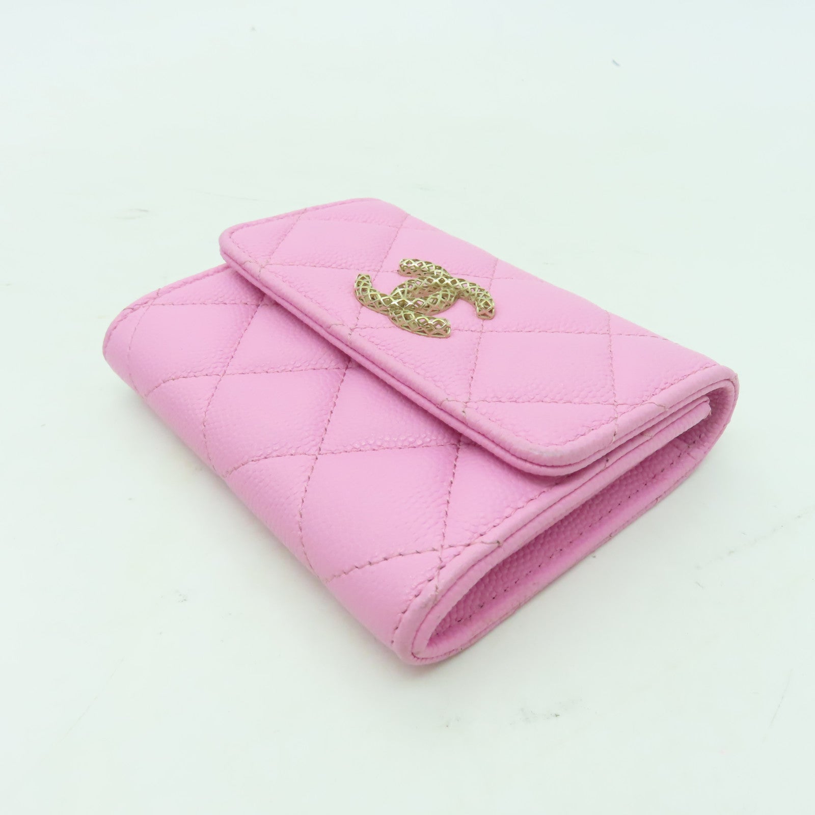 CHANEL 菱格牛皮皮革Card Holder金扣卡片套粉紅色