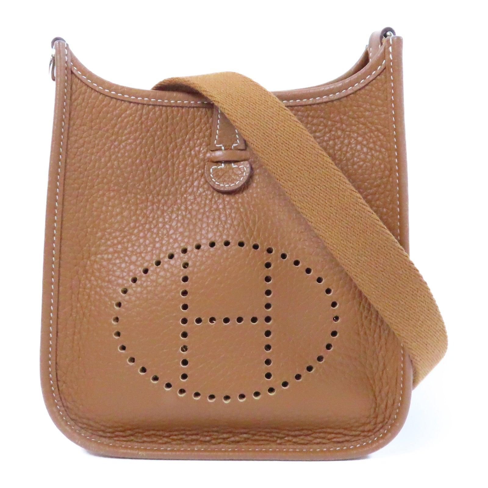 HERMES Clemence皮革Evelyne TPM銀扣肩背袋Gold經典駝色