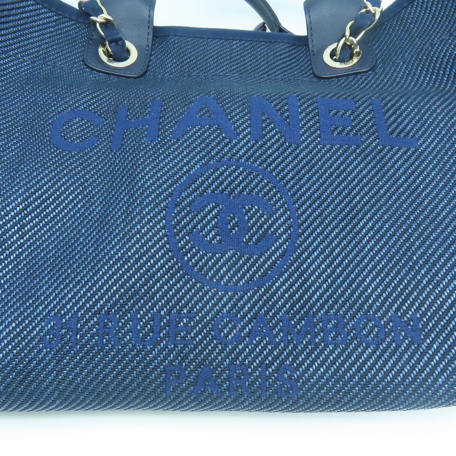 CHANEL 帆布/牛皮皮革Deauville Tote銀扣手挽肩背兩用袋深藍色