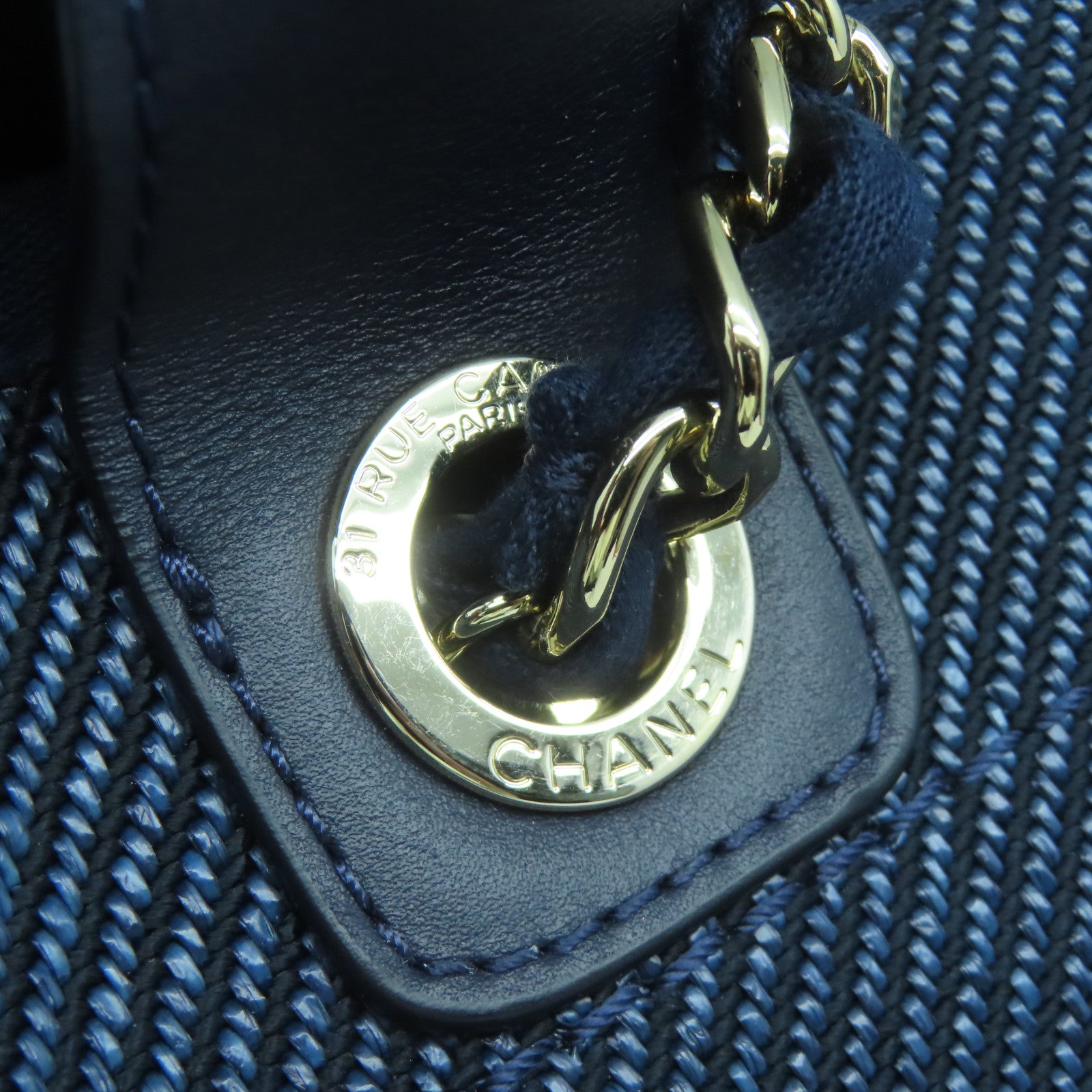 CHANEL 帆布/牛皮皮革Deauville Tote銀扣手挽肩背兩用袋深藍色