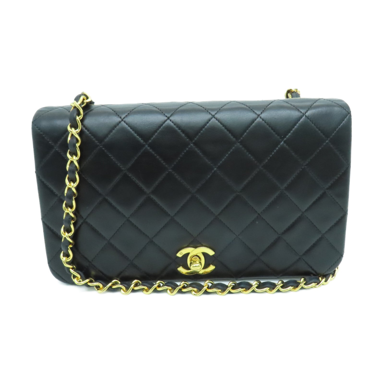 CHANEL 菱格羊皮皮革Chain Shoulder Bag金扣链带肩背袋黑色