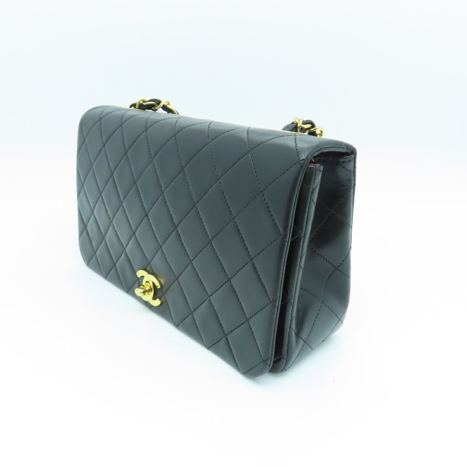 CHANEL 菱格羊皮皮革Chain Shoulder Bag金扣链带肩背袋黑色