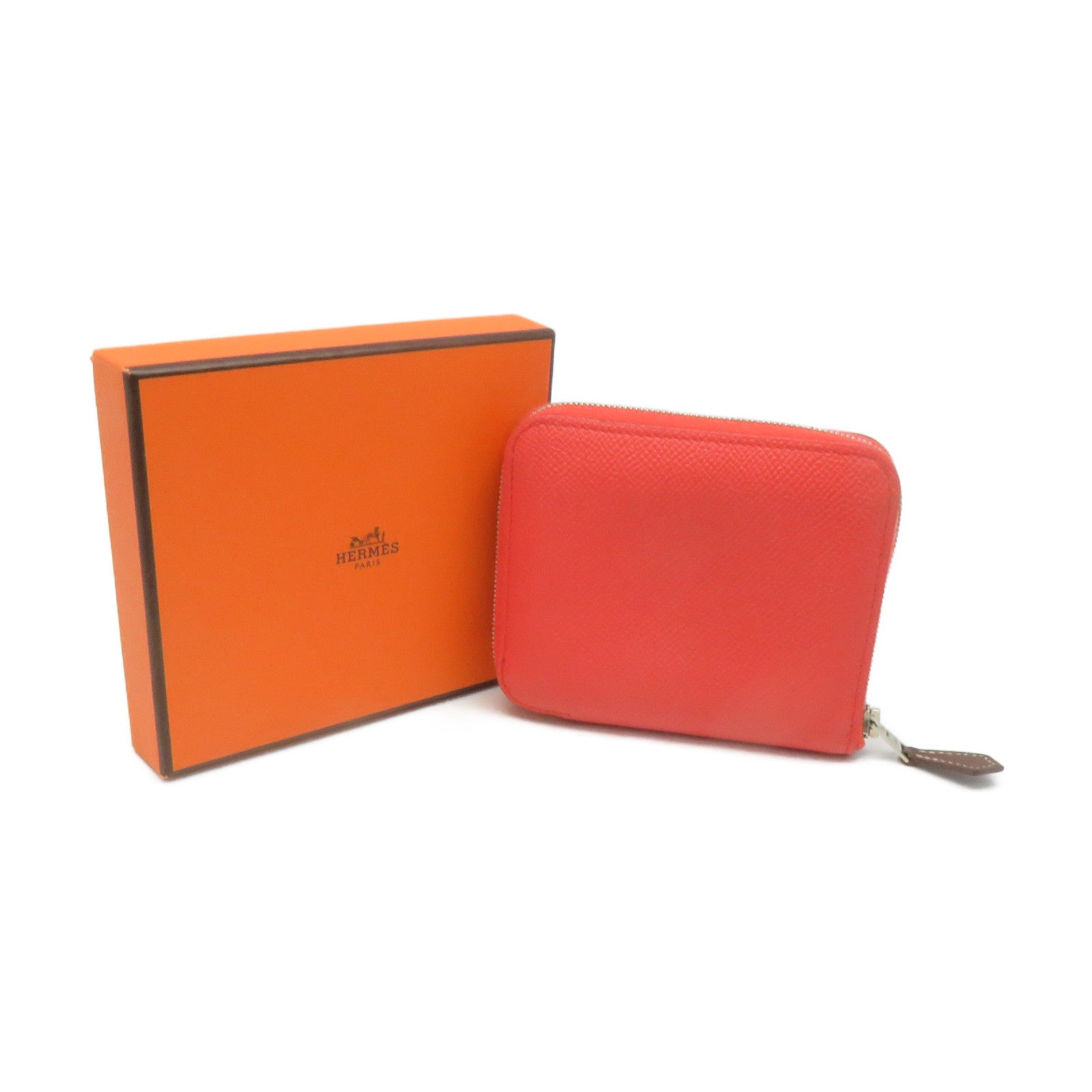 HERMES Epsom皮革Silkin Compact Wallet银扣拉链短钱包Feu桃红色