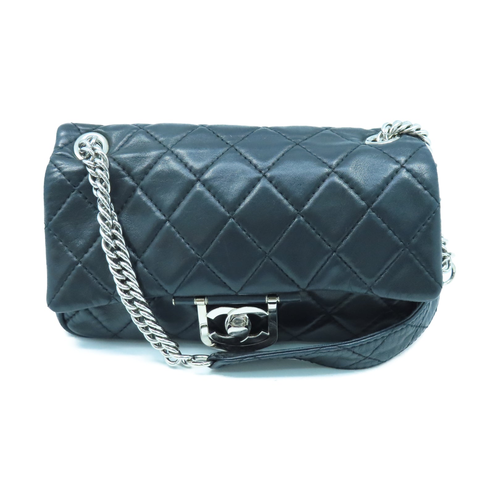 CHANEL 菱格牛皮皮革Shoulder Bag銀扣鏈帶肩背袋黑色