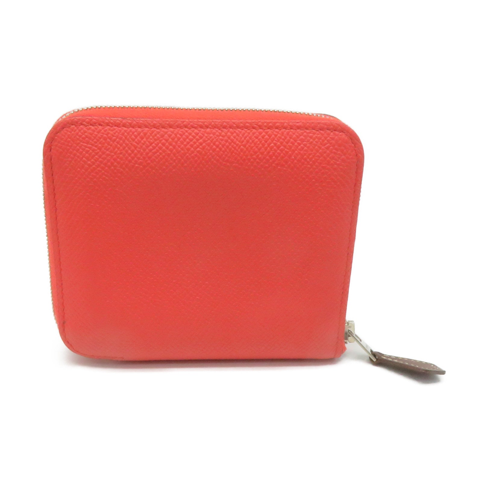 HERMES Epsom皮革Silkin Compact Wallet银扣拉链短钱包Feu桃红色