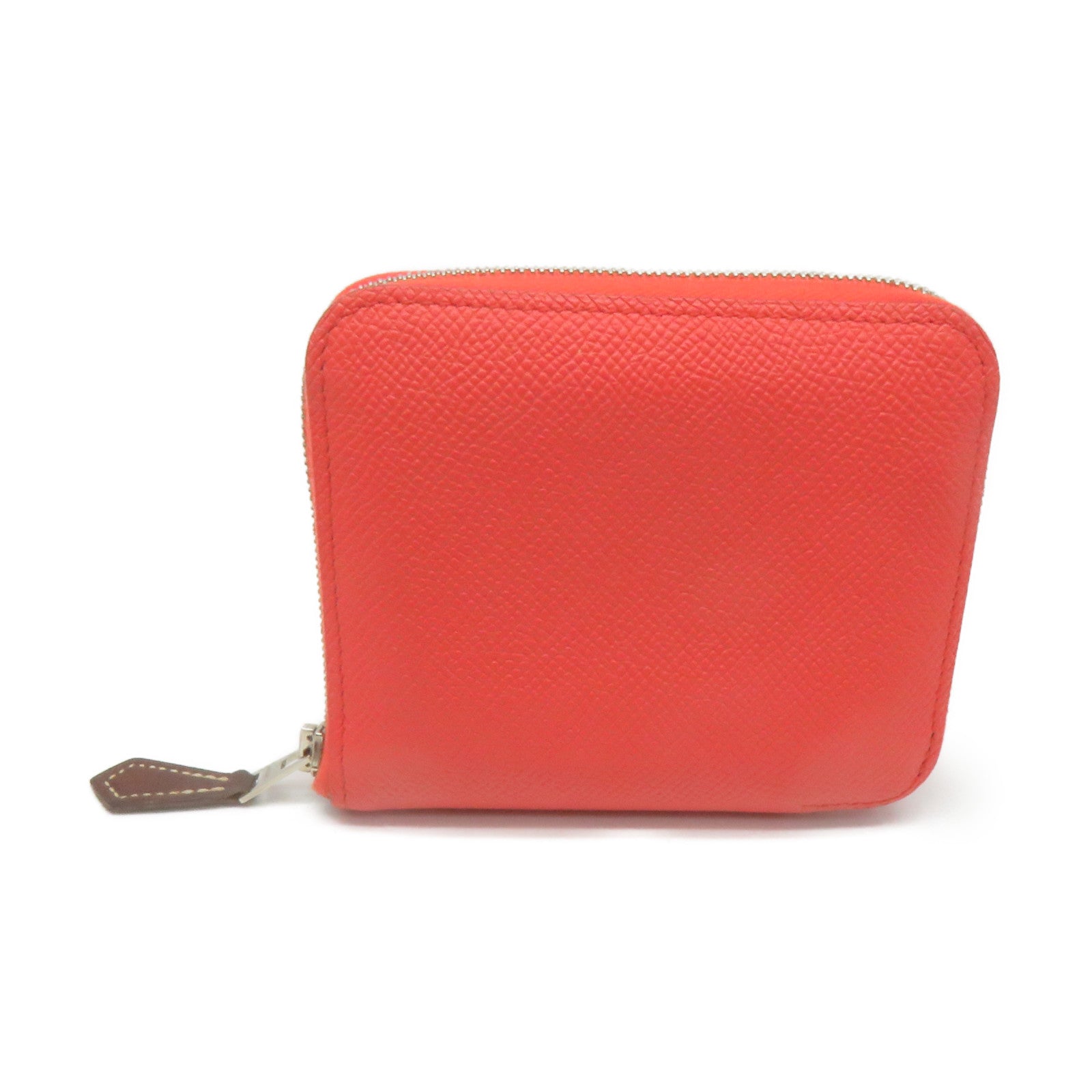 HERMES Epsom皮革Silkin Compact Wallet银扣拉链短钱包Feu桃红色
