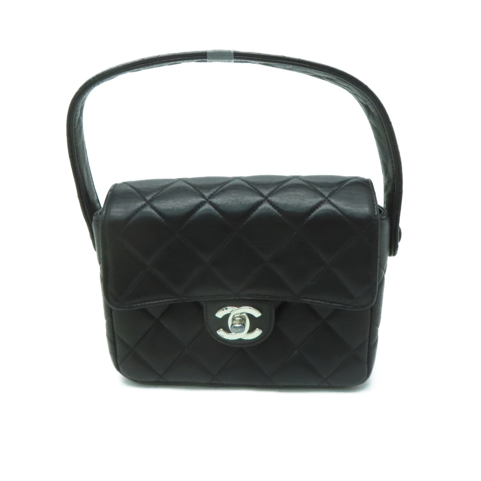 CHANEL 菱格羊皮皮革Handbag銀扣手挽袋黑色