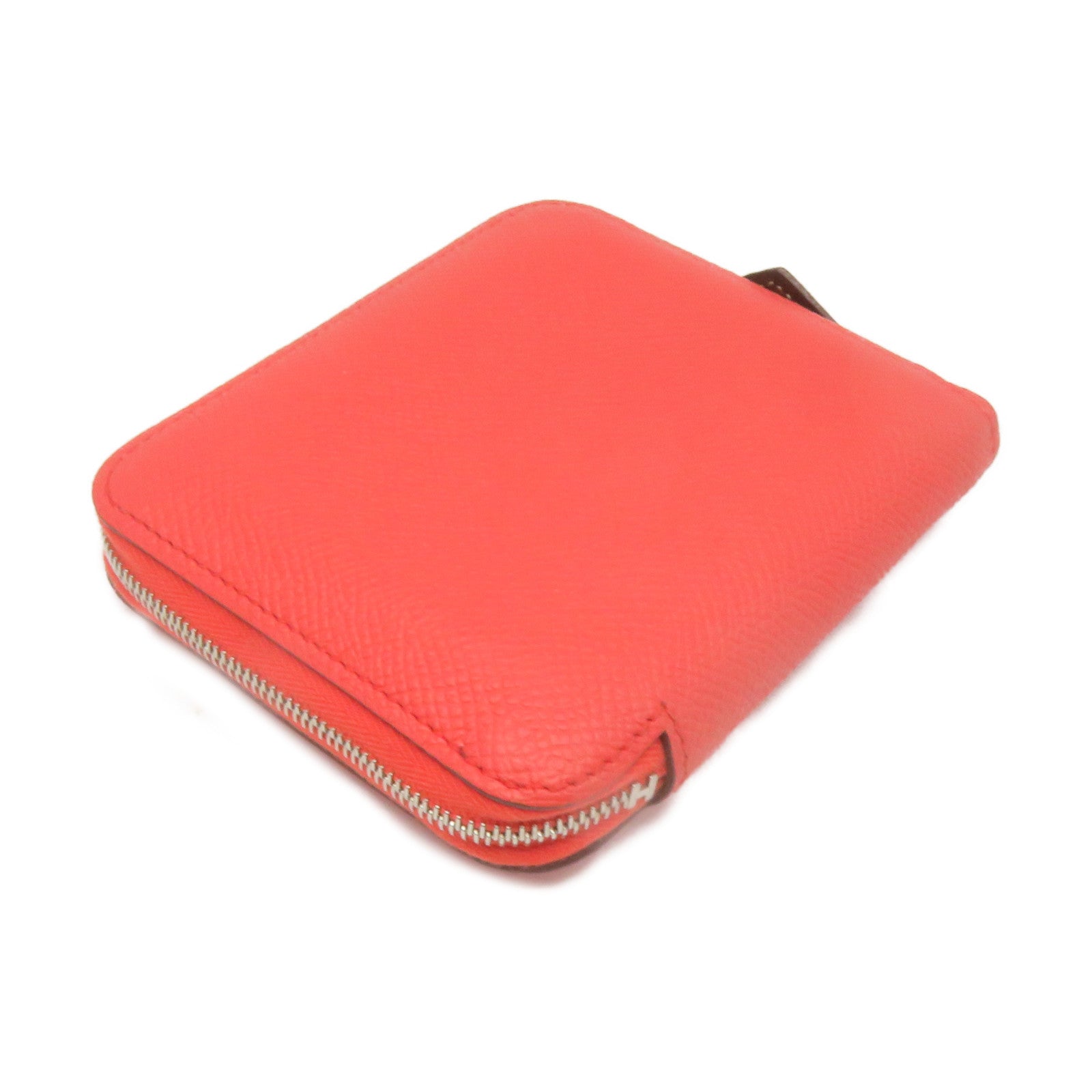 HERMES Epsom皮革Silkin Compact Wallet银扣拉链短钱包Feu桃红色