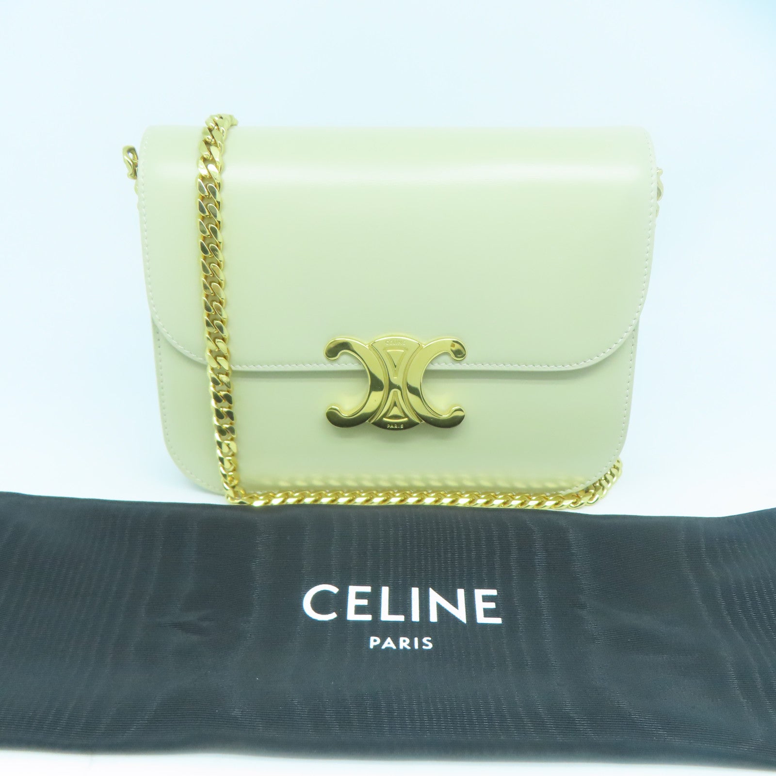 CELINE 牛皮皮革College金扣鏈帶肩背袋米色