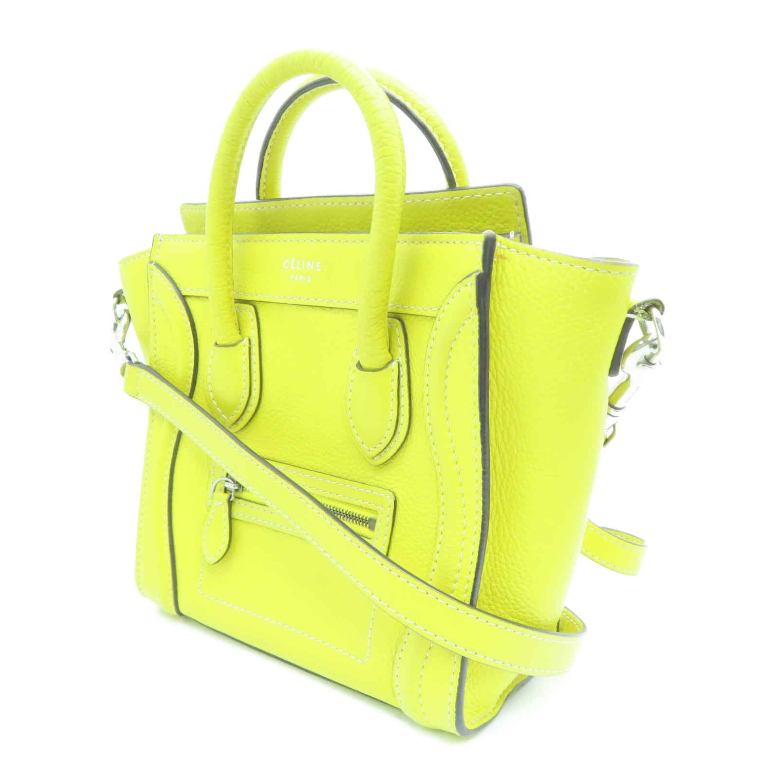 CELINE 牛皮皮革Nano Luggage銀扣手挽肩背兩用袋黃色