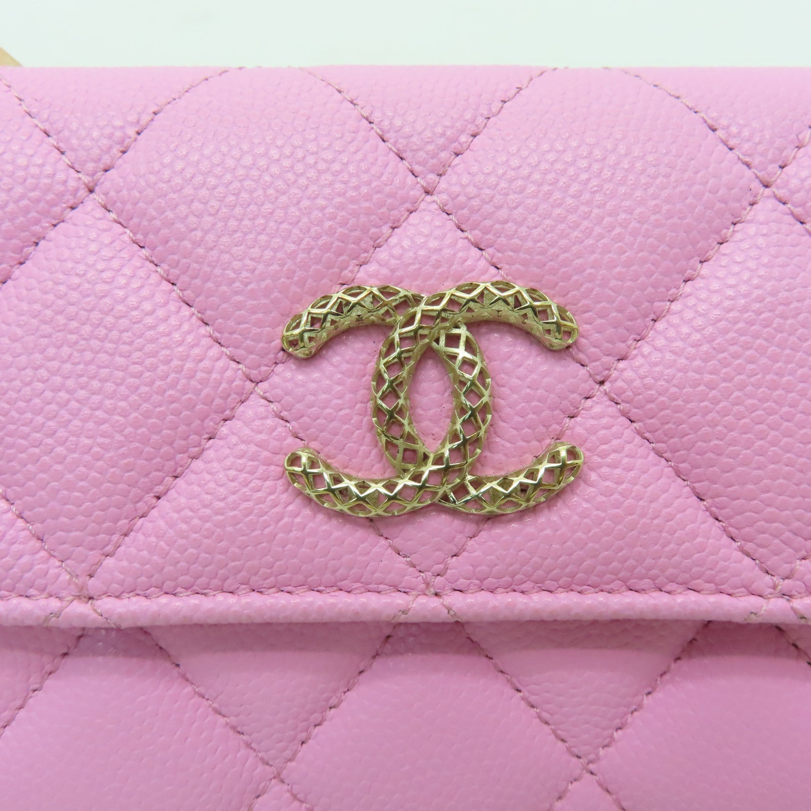 CHANEL 菱格牛皮皮革Card Holder金扣卡片套粉紅色