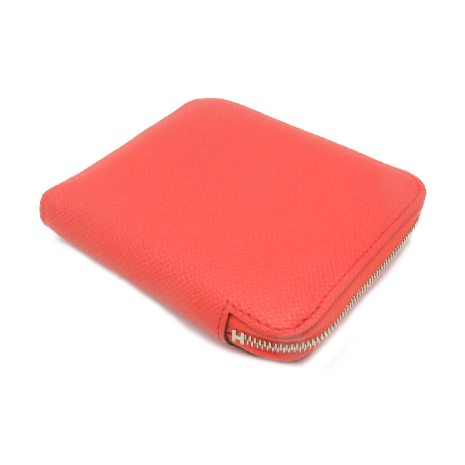 HERMES Epsom皮革Silkin Compact Wallet银扣拉链短钱包Feu桃红色