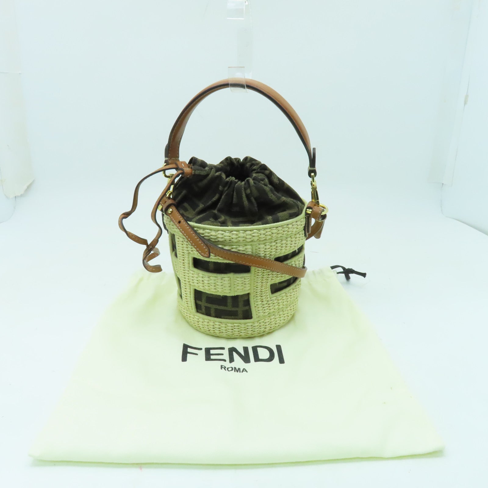 FENDI 酒椰/帆布Step Out金扣手挽肩背兩用袋棕色/米色