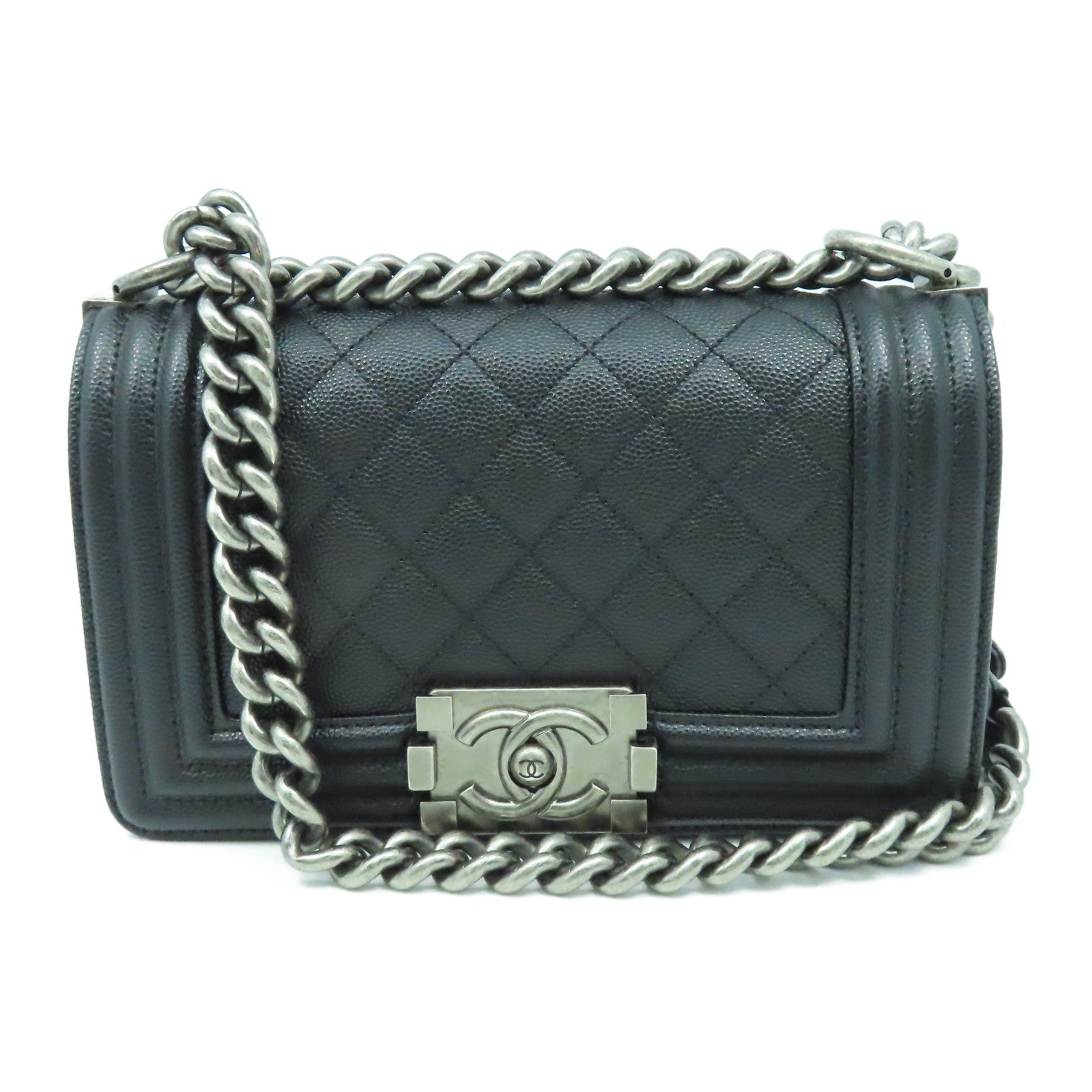 CHANEL 菱格牛皮皮革Boy Chanel銀扣鏈帶肩背袋黑色