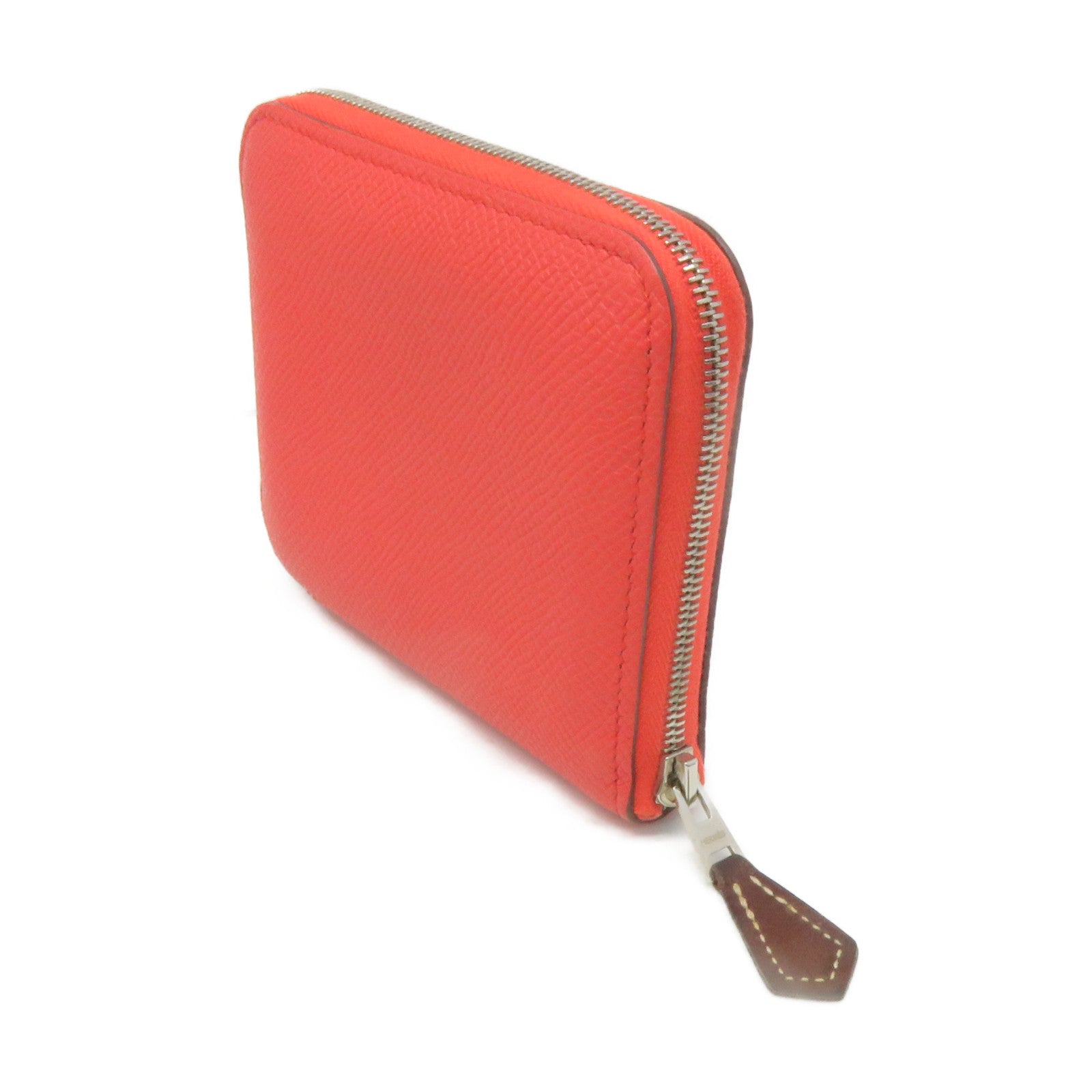 HERMES Epsom皮革Silkin Compact Wallet银扣拉链短钱包Feu桃红色