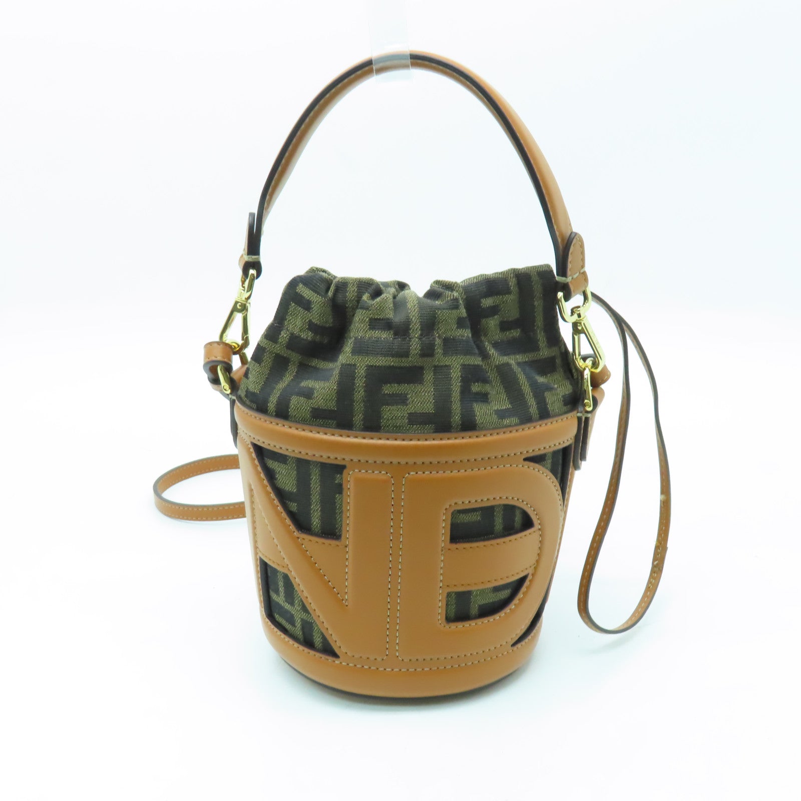 FENDI 帆布Step Out Mini金扣手挽肩背兩用袋棕色