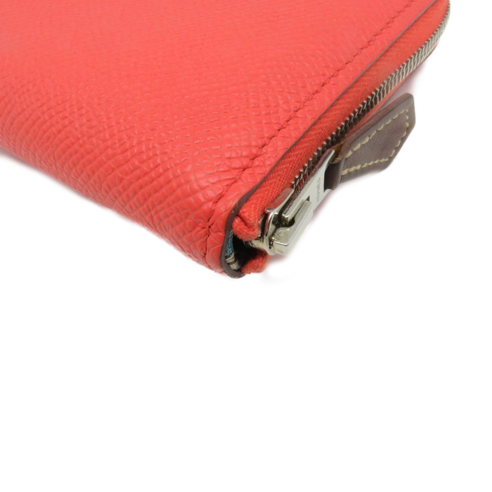 HERMES Epsom皮革Silkin Compact Wallet银扣拉链短钱包Feu桃红色