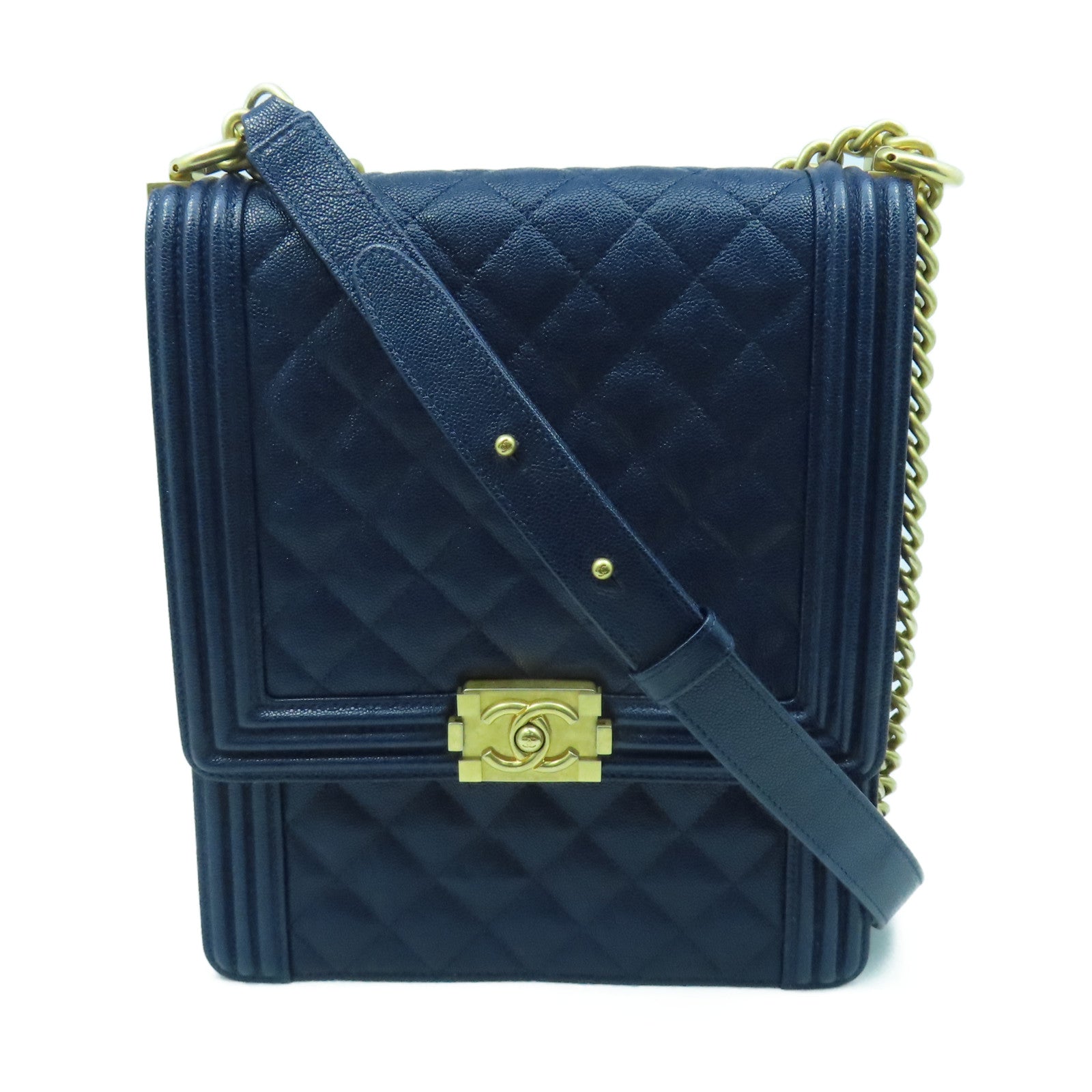 CHANEL 菱格Caviar皮革Boy Chain Shoulder金扣鏈帶肩背袋深藍色