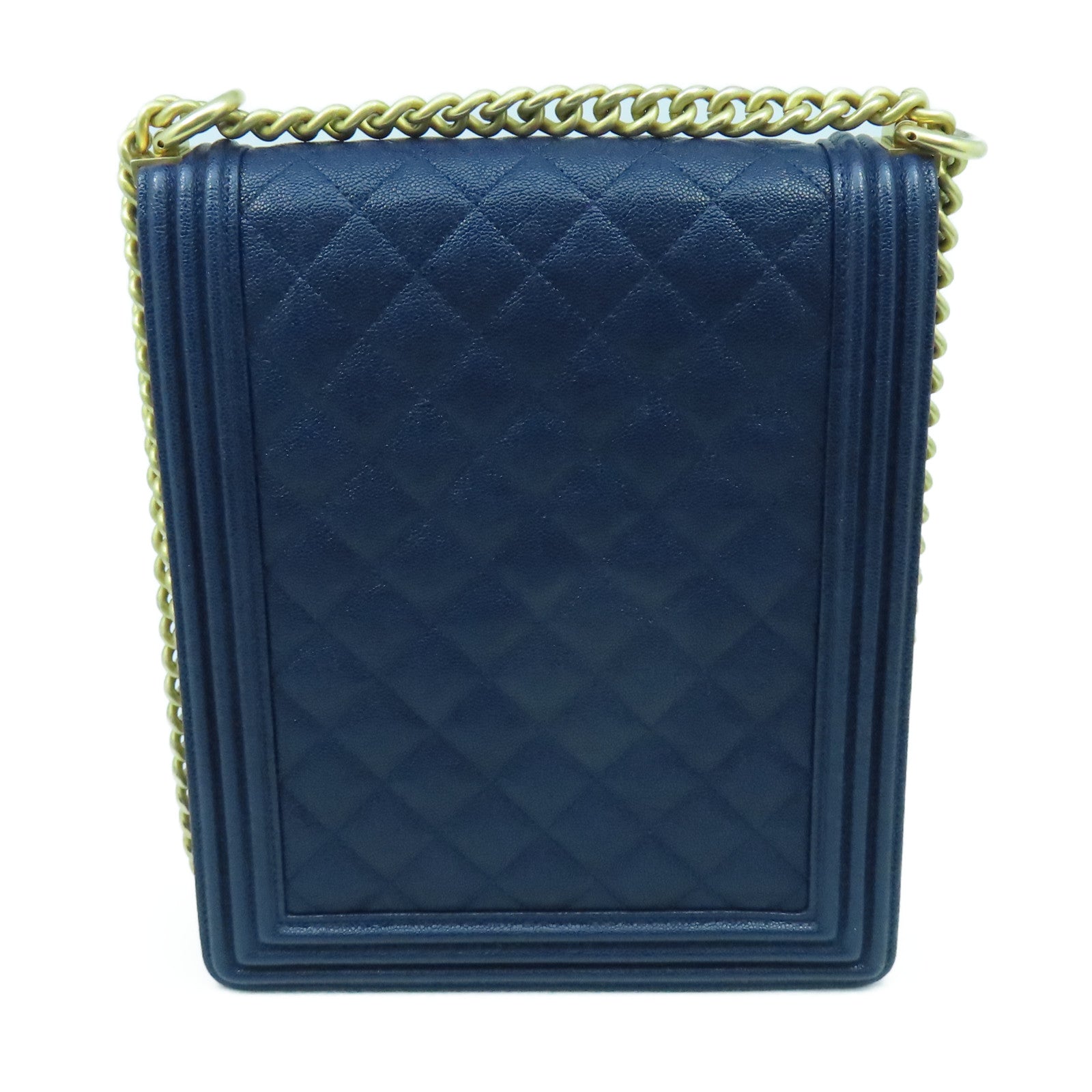 CHANEL 菱格Caviar皮革Boy Chain Shoulder金扣鏈帶肩背袋深藍色