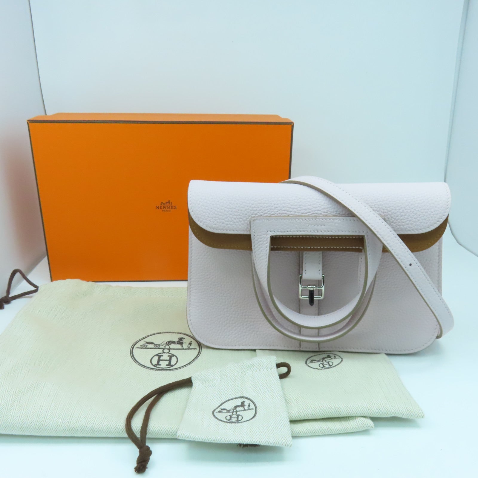 HERMES Clemence皮革Halzan 25銀扣手挽肩背兩用袋Mauve Pale夢幻粉色/Gold經典駝色