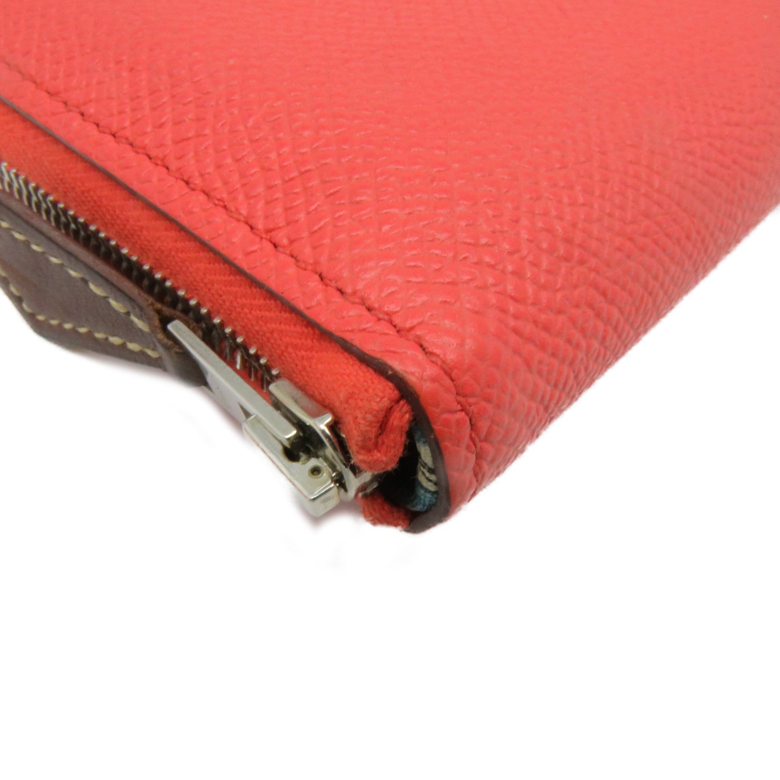 HERMES Epsom皮革Silkin Compact Wallet银扣拉链短钱包Feu桃红色