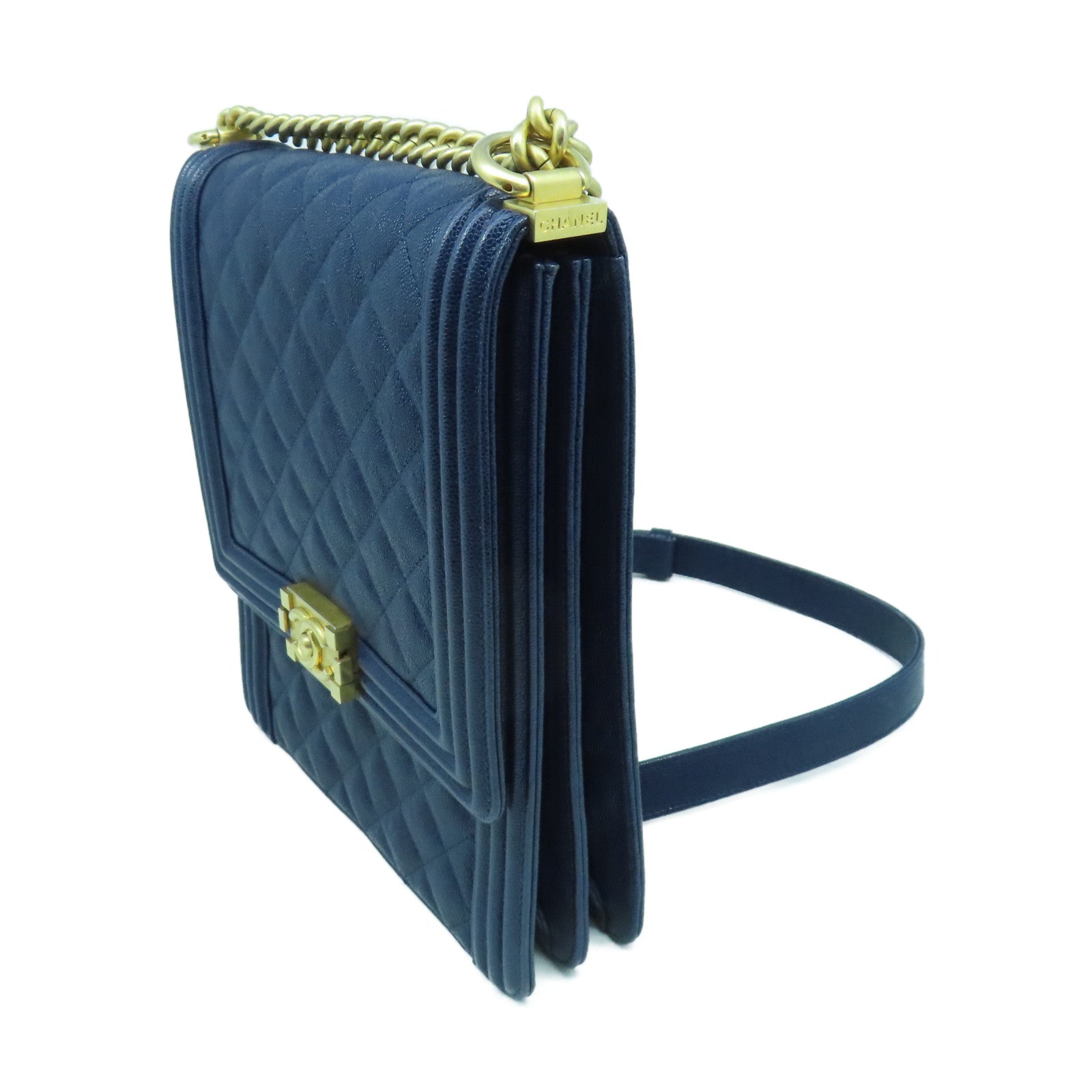 CHANEL 菱格Caviar皮革Boy Chain Shoulder金扣鏈帶肩背袋深藍色