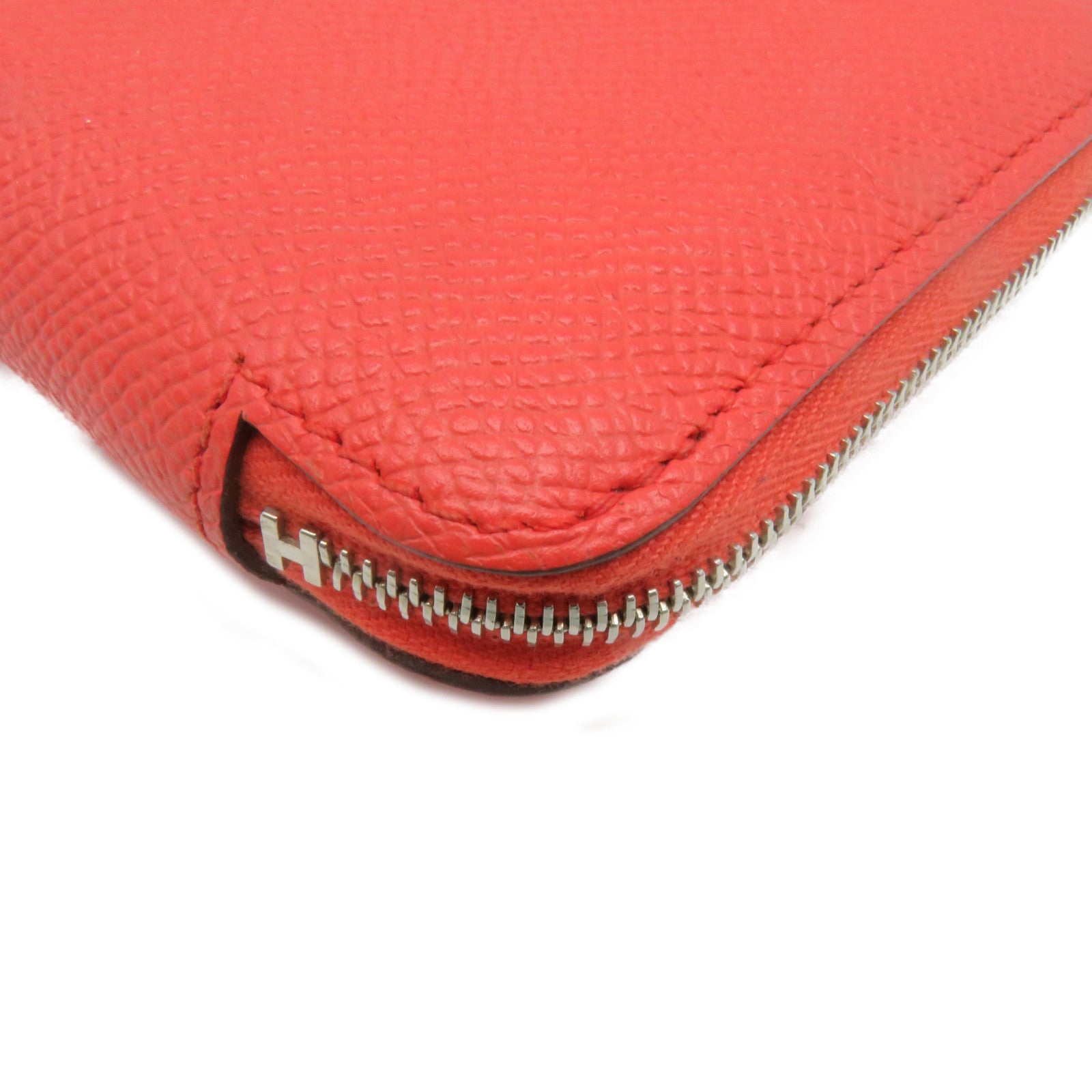 HERMES Epsom皮革Silkin Compact Wallet银扣拉链短钱包Feu桃红色