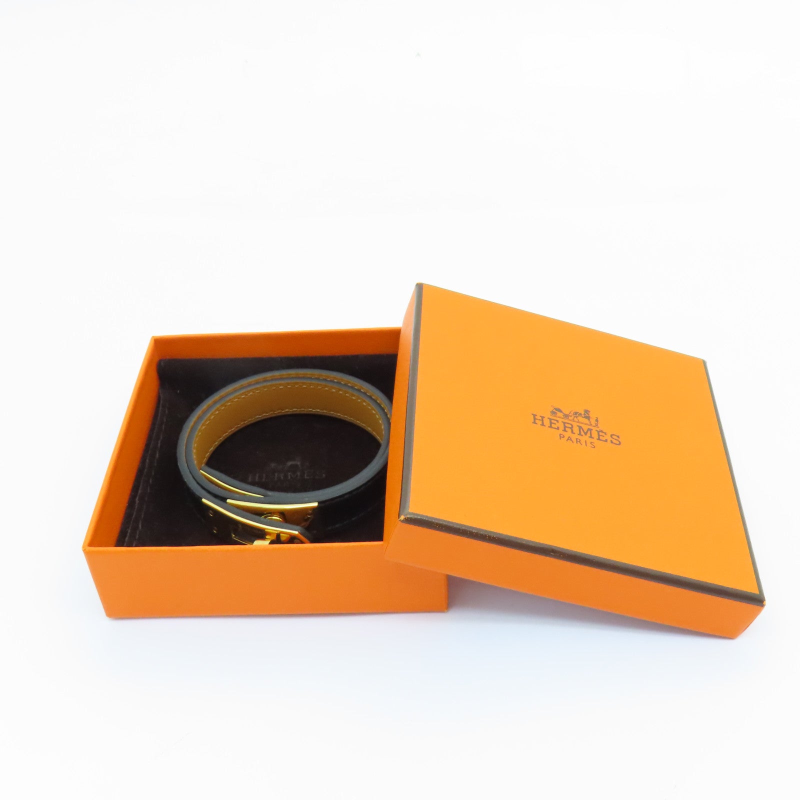 HERMES 皮革Kelly Double Tour Bracelet金扣手鐲黑色