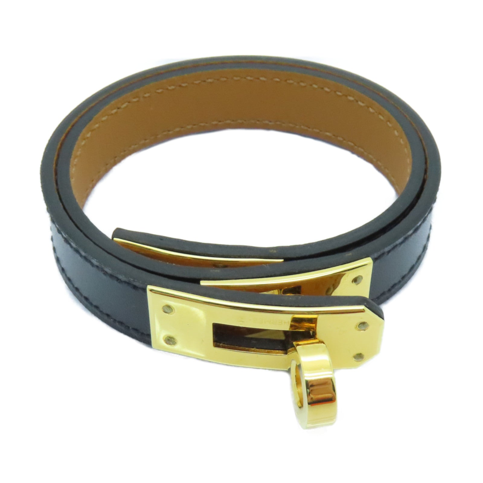 HERMES 皮革Kelly Double Tour Bracelet金扣手鐲黑色