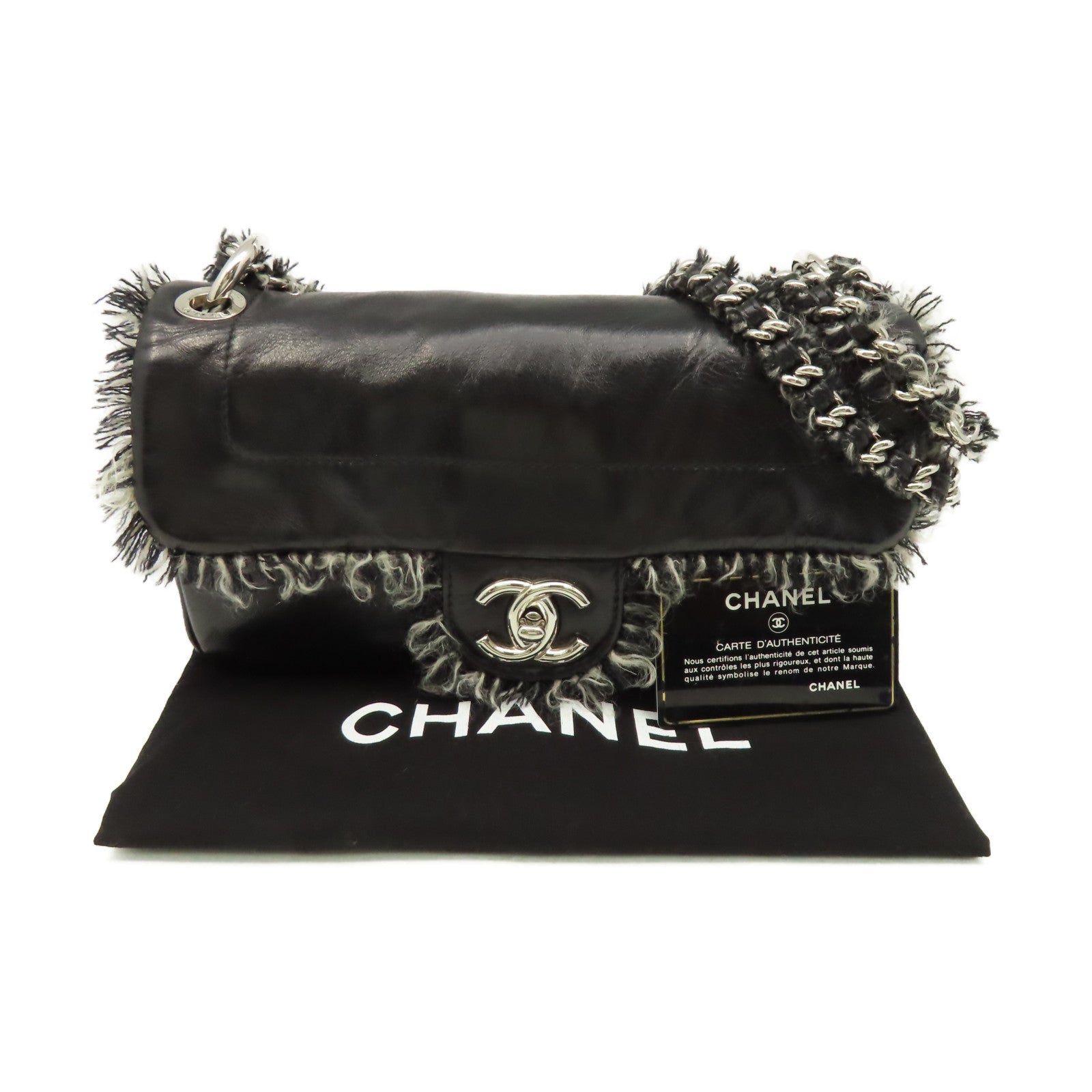 CHANEL 牛皮皮革Chain Shoulder Bag銀扣鏈帶肩背袋黑色