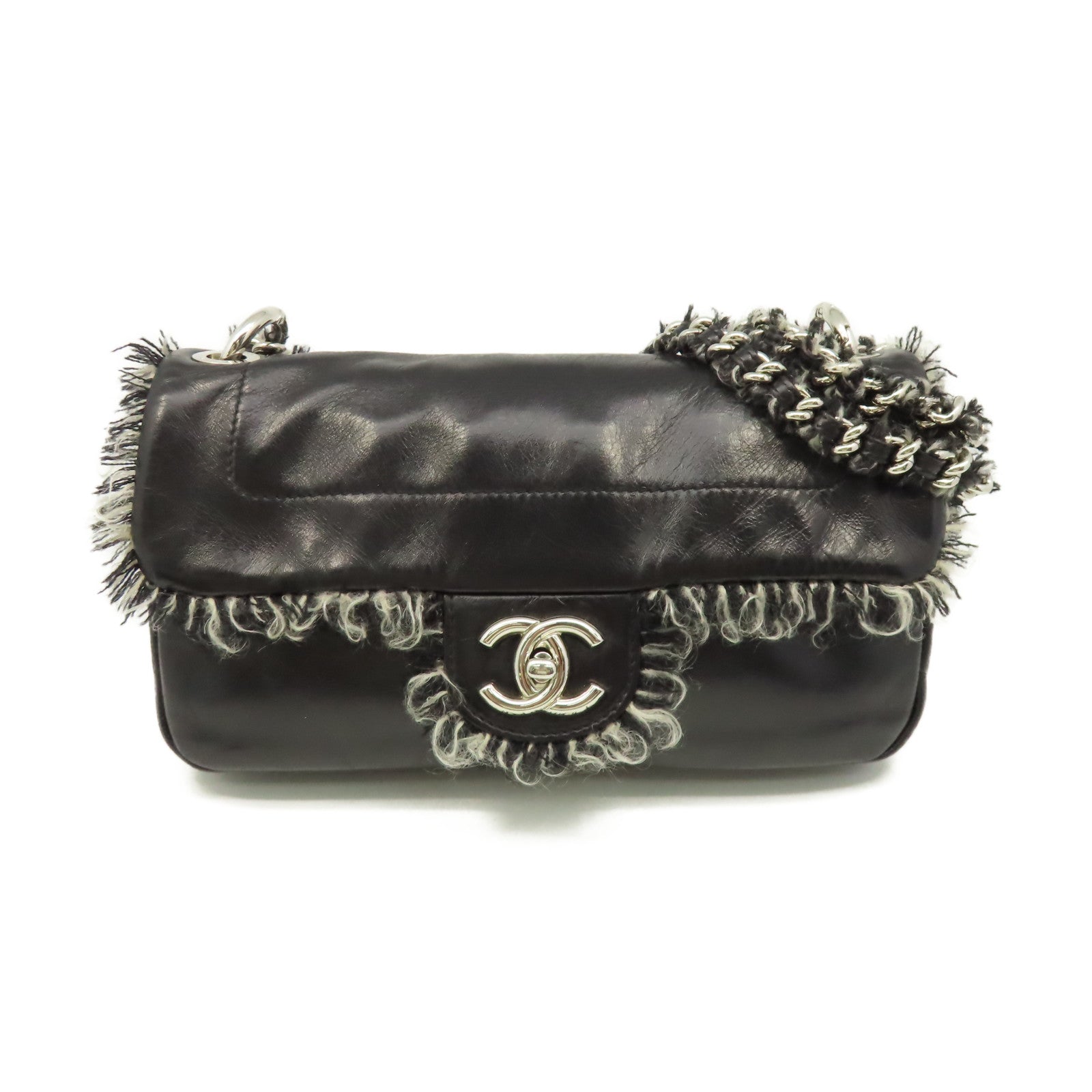 CHANEL 牛皮皮革Chain Shoulder Bag銀扣鏈帶肩背袋黑色