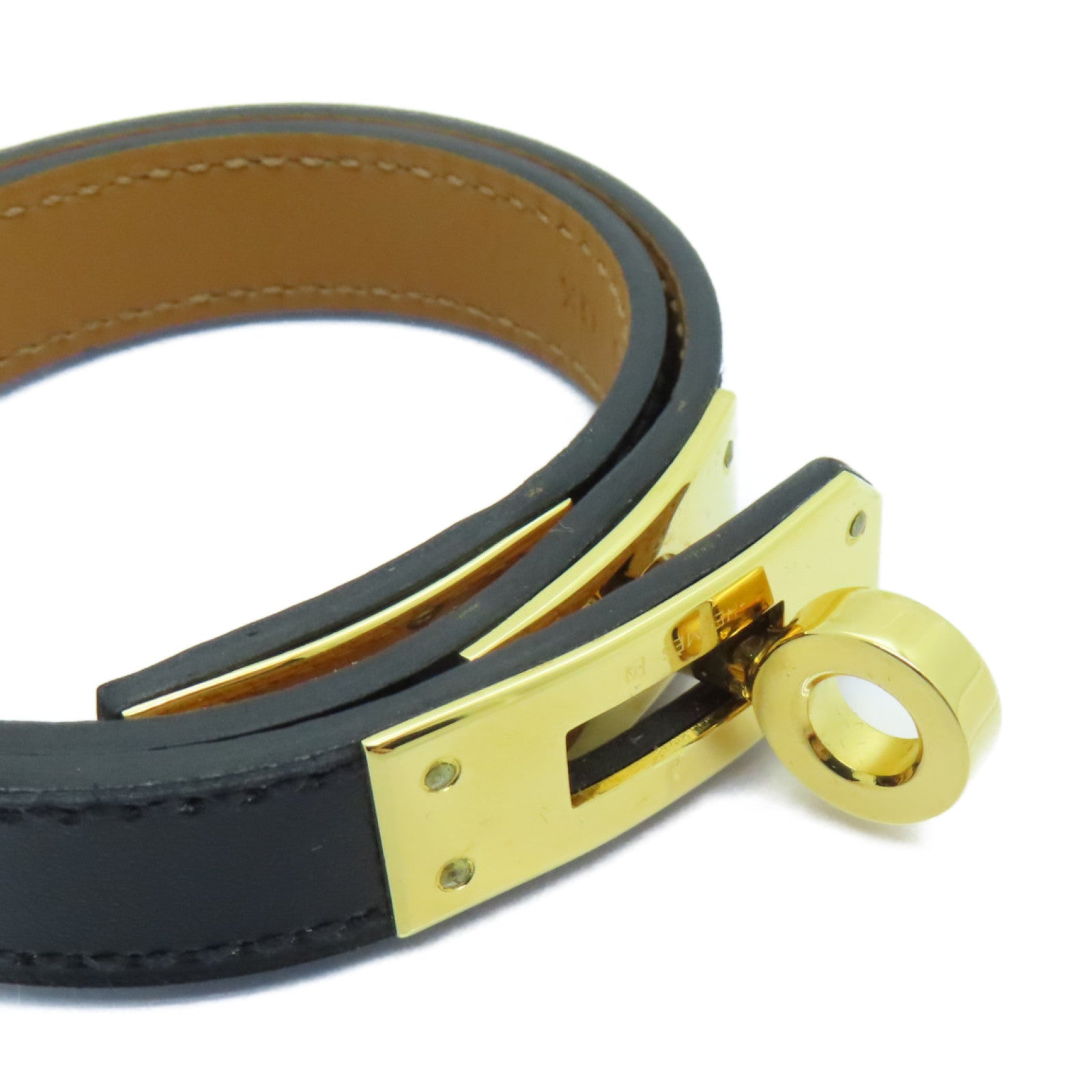 HERMES 皮革Kelly Double Tour Bracelet金扣手鐲黑色