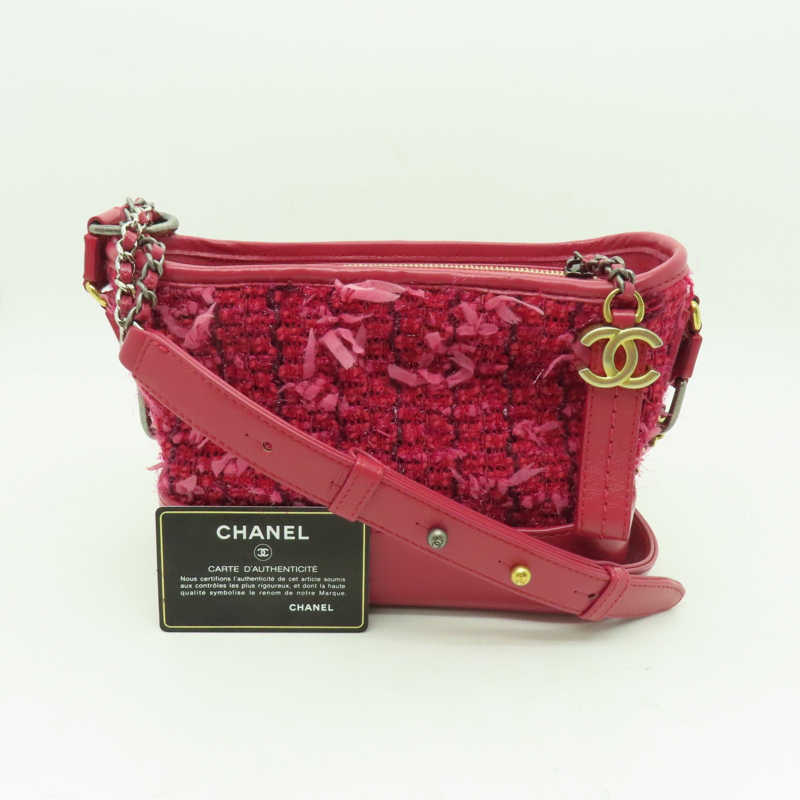 CHANEL 斜紋軟呢Gabrielle Hobo金扣/銀扣鏈帶肩背袋紅色