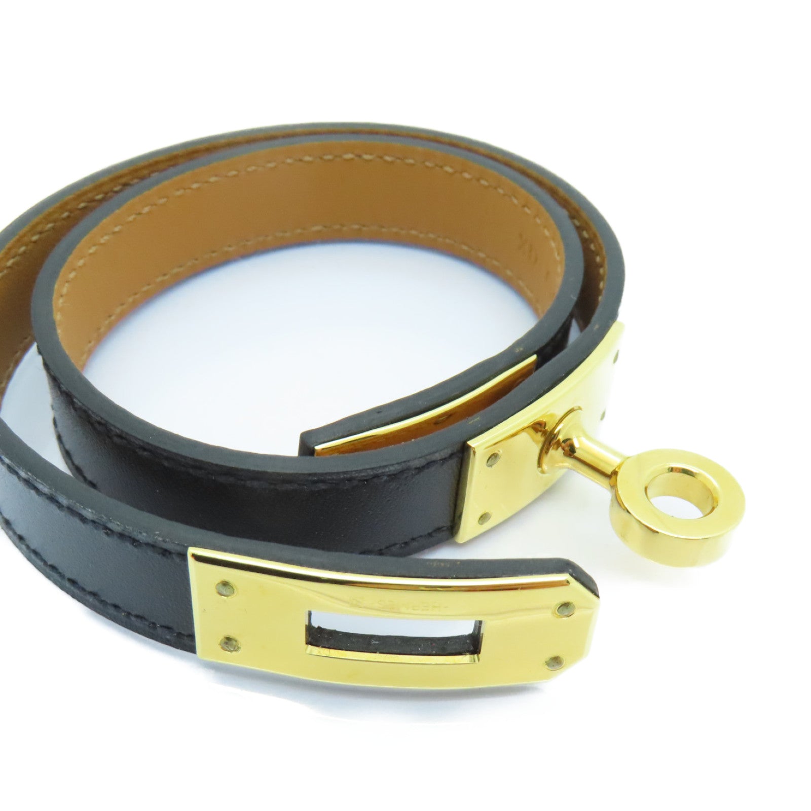 HERMES 皮革Kelly Double Tour Bracelet金扣手鐲黑色