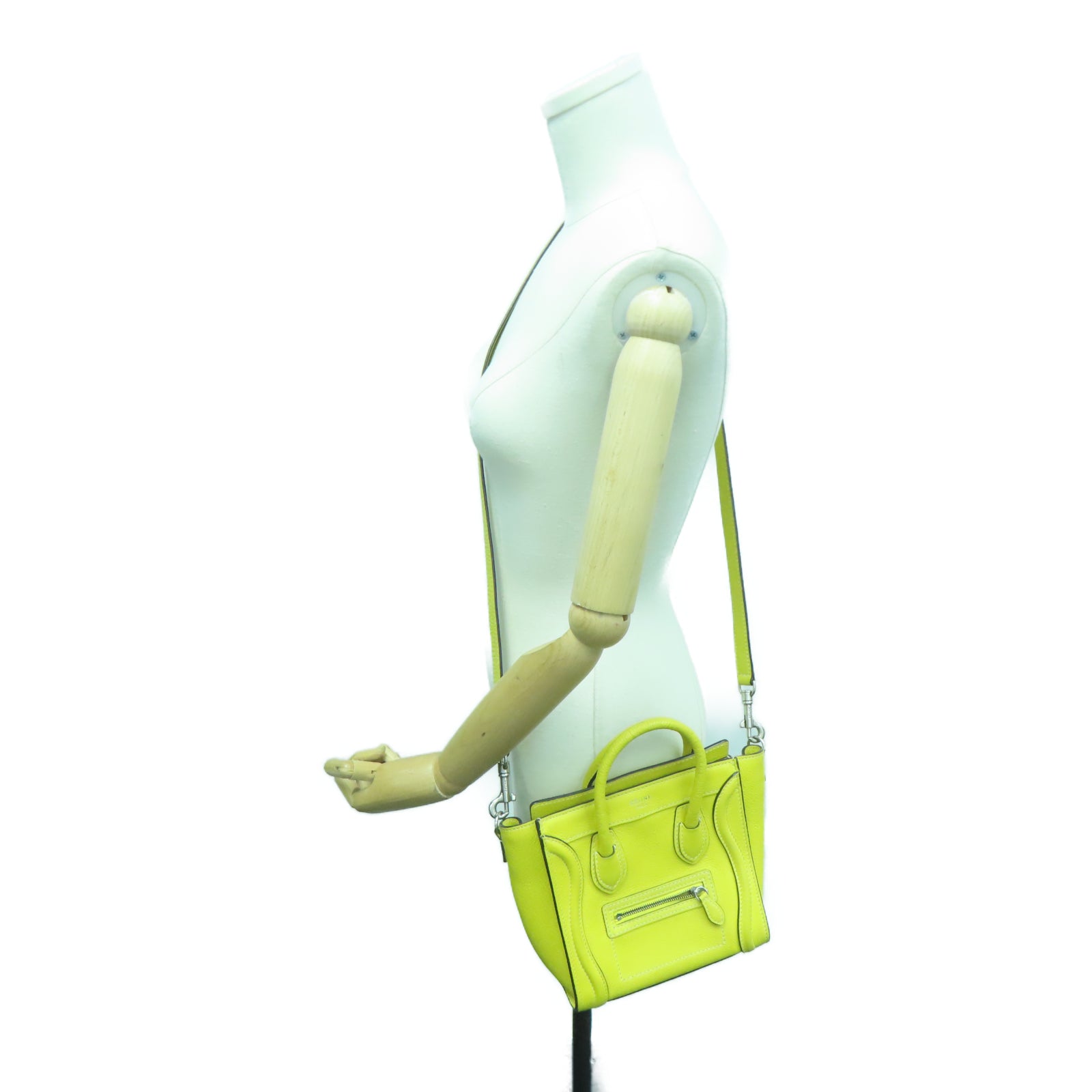 CELINE 牛皮皮革Nano Luggage銀扣手挽肩背兩用袋黃色