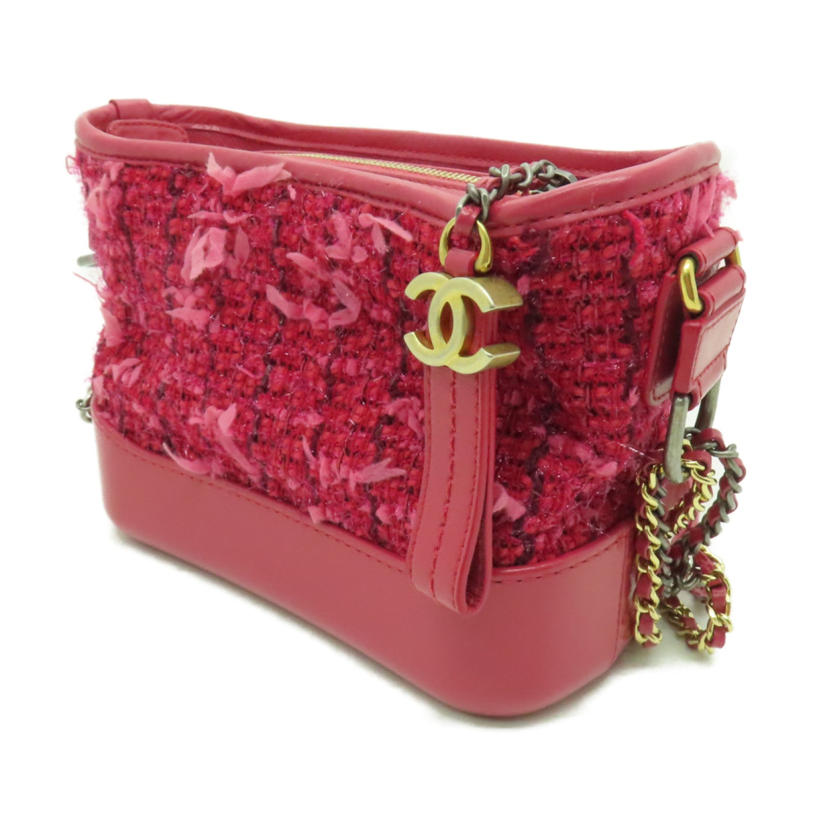 CHANEL 斜紋軟呢Gabrielle Hobo金扣/銀扣鏈帶肩背袋紅色