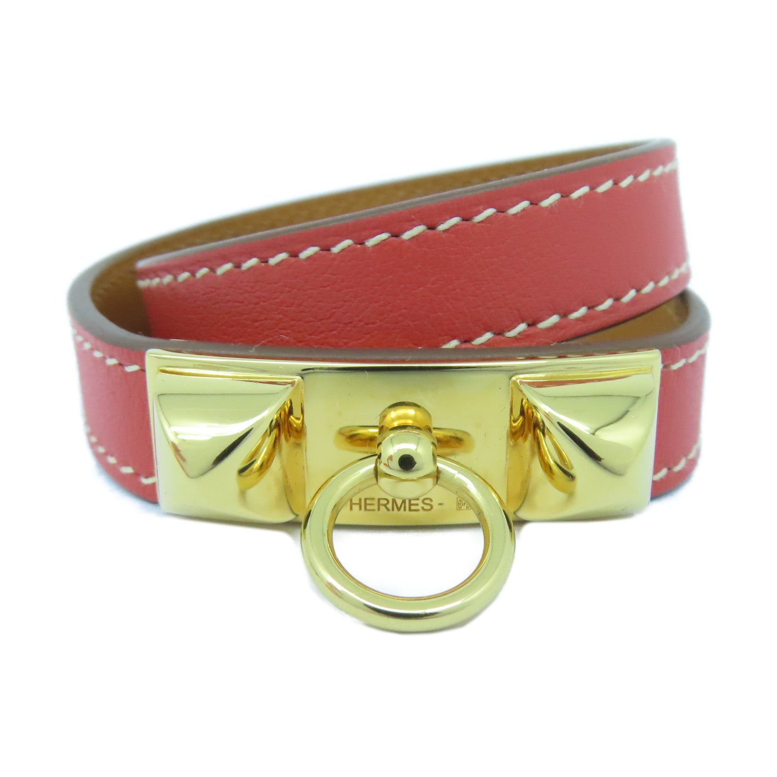 HERMES Swift皮革Rivale Double Tour金扣手鐲Sanguine三文魚紅色