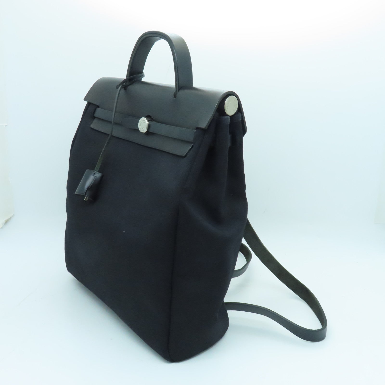 HERMES 帆布Herbag Backpack銀扣背包黑色