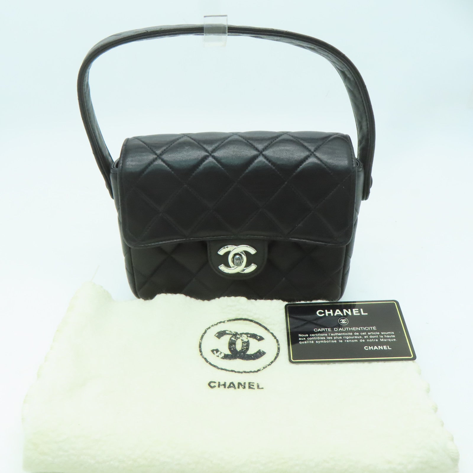 CHANEL 菱格羊皮皮革Handbag銀扣手挽袋黑色