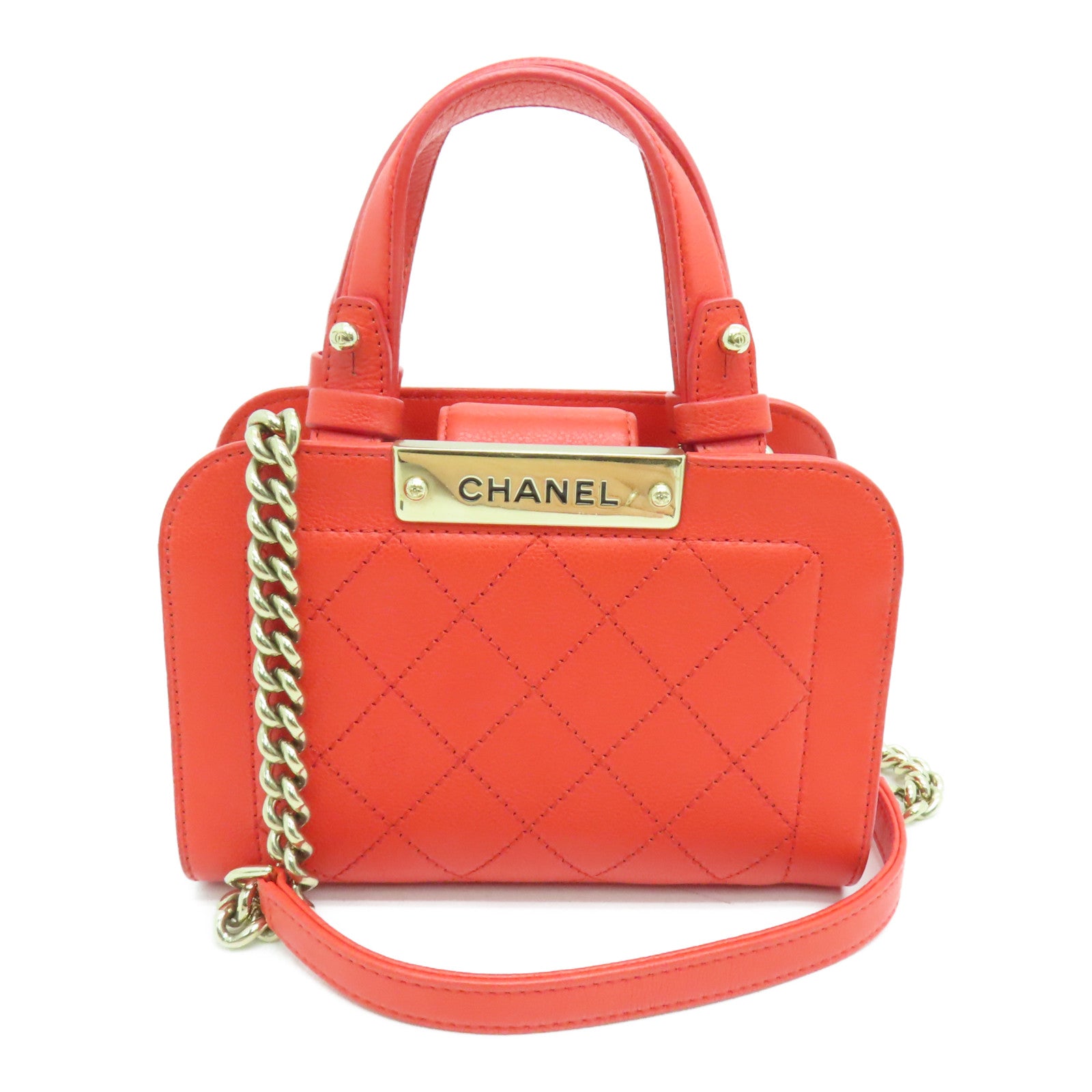 CHANEL 菱格牛皮皮革２Way Shoulder金扣手挽肩背兩用袋橙色