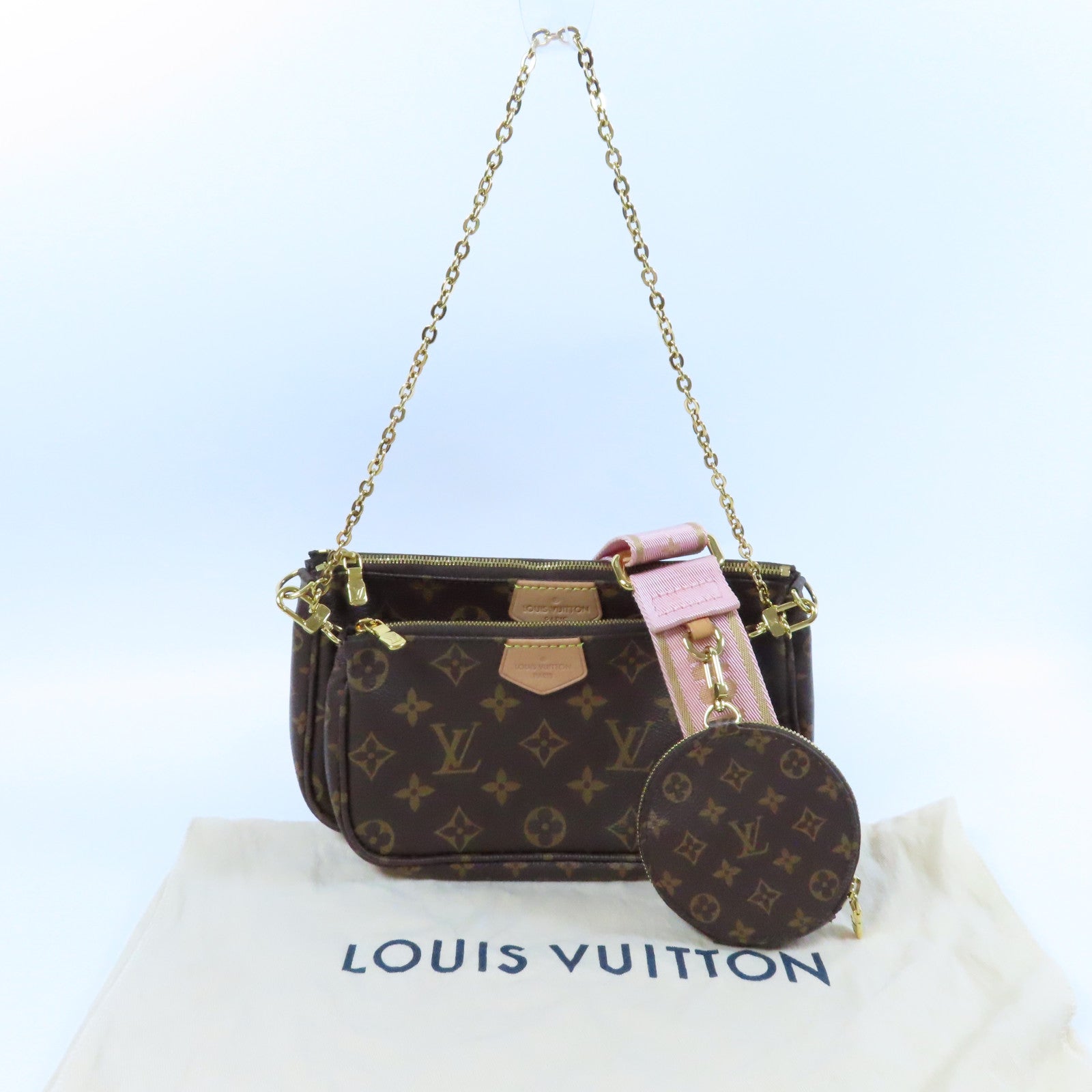 LOUIS VUITTON Monogram Multi Pochette Accessories金扣手挽肩背兩用袋啡色/粉紅色