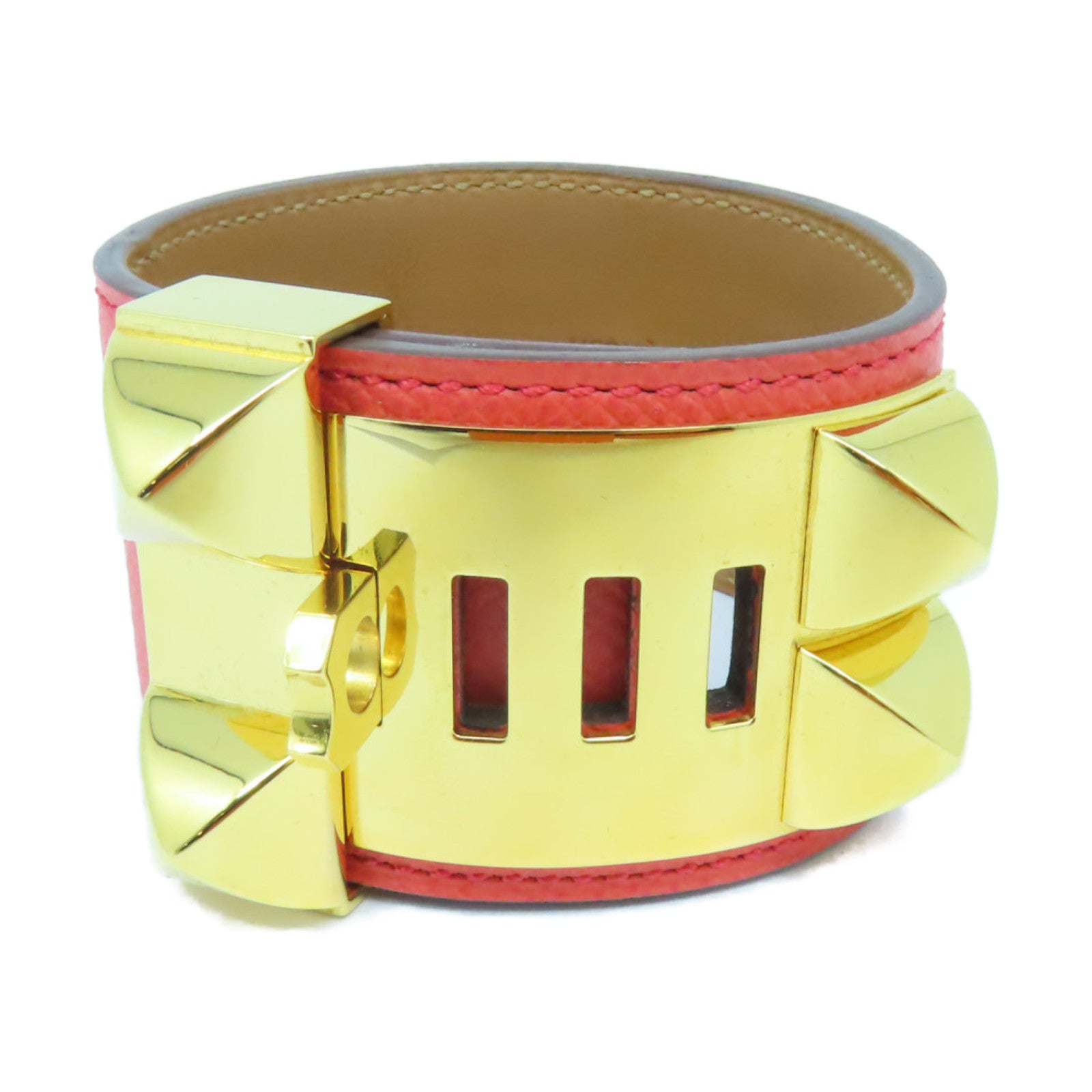 HERMES Epsom皮革Collier De Chien金扣手鐲蜜桃紅色