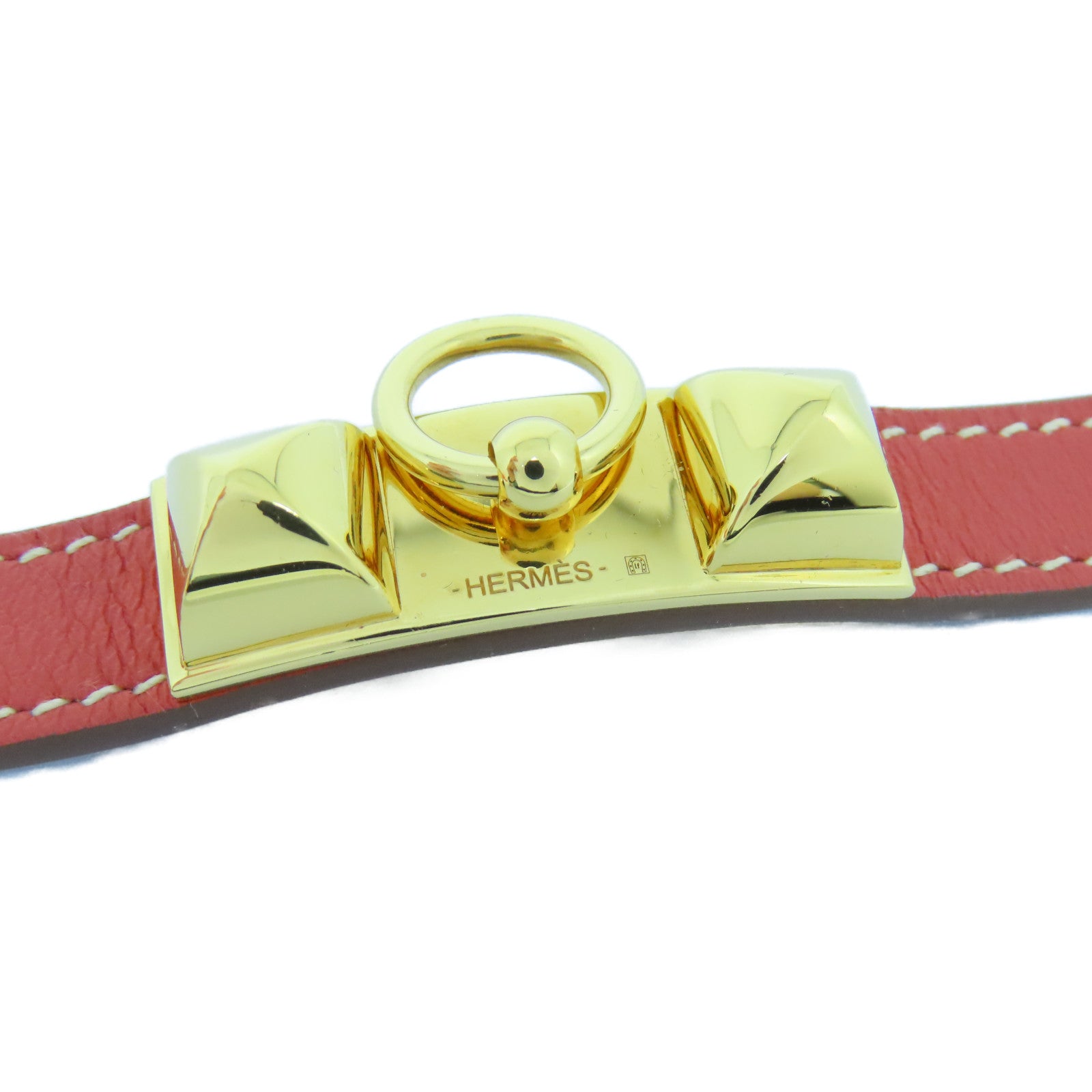 HERMES Swift皮革Rivale Double Tour金扣手鐲Sanguine三文魚紅色