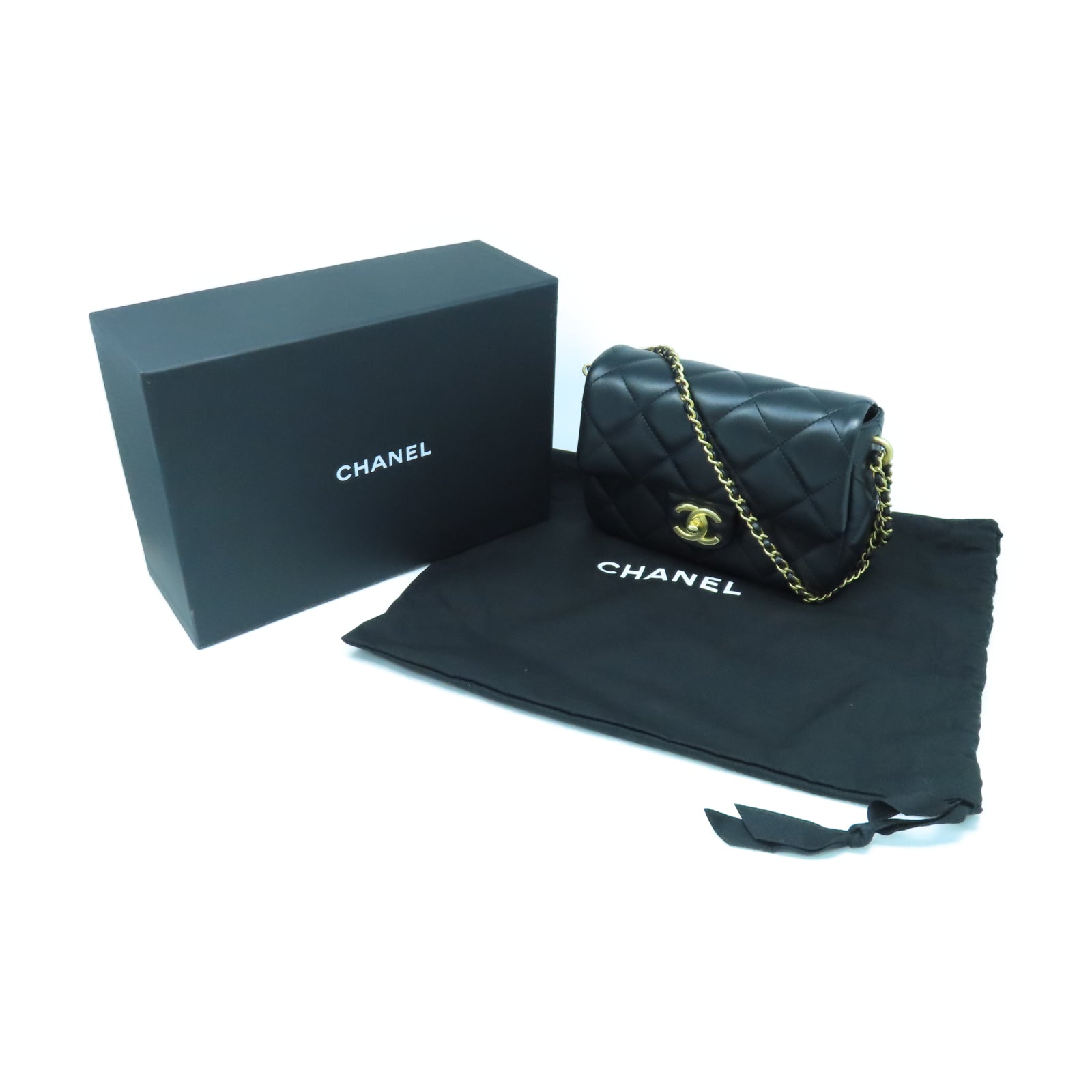 CHANEL 菱格羊皮皮革Chain Shoulder金扣鏈帶肩背袋黑色