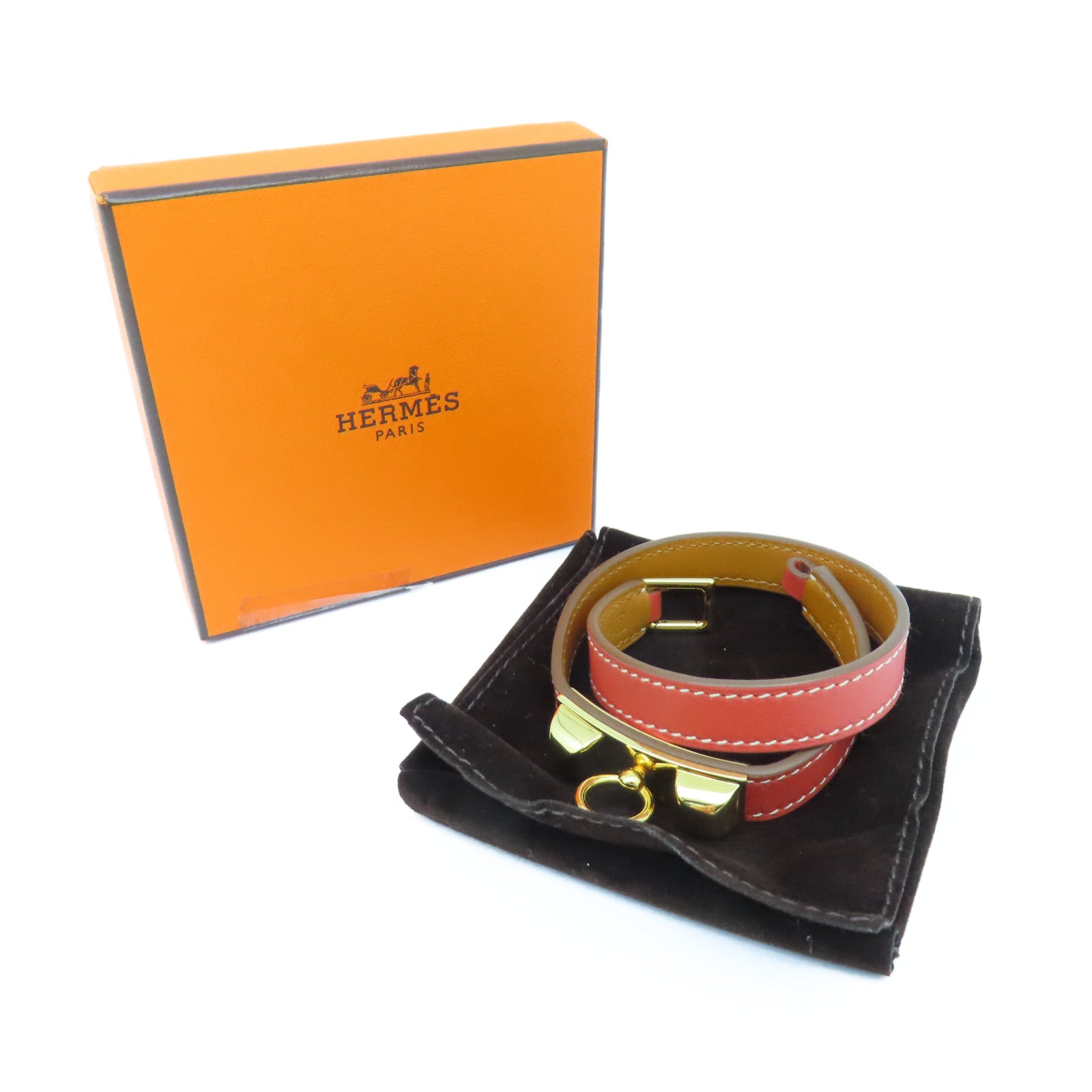 HERMES Swift皮革Rivale Double Tour金扣手鐲Sanguine三文魚紅色