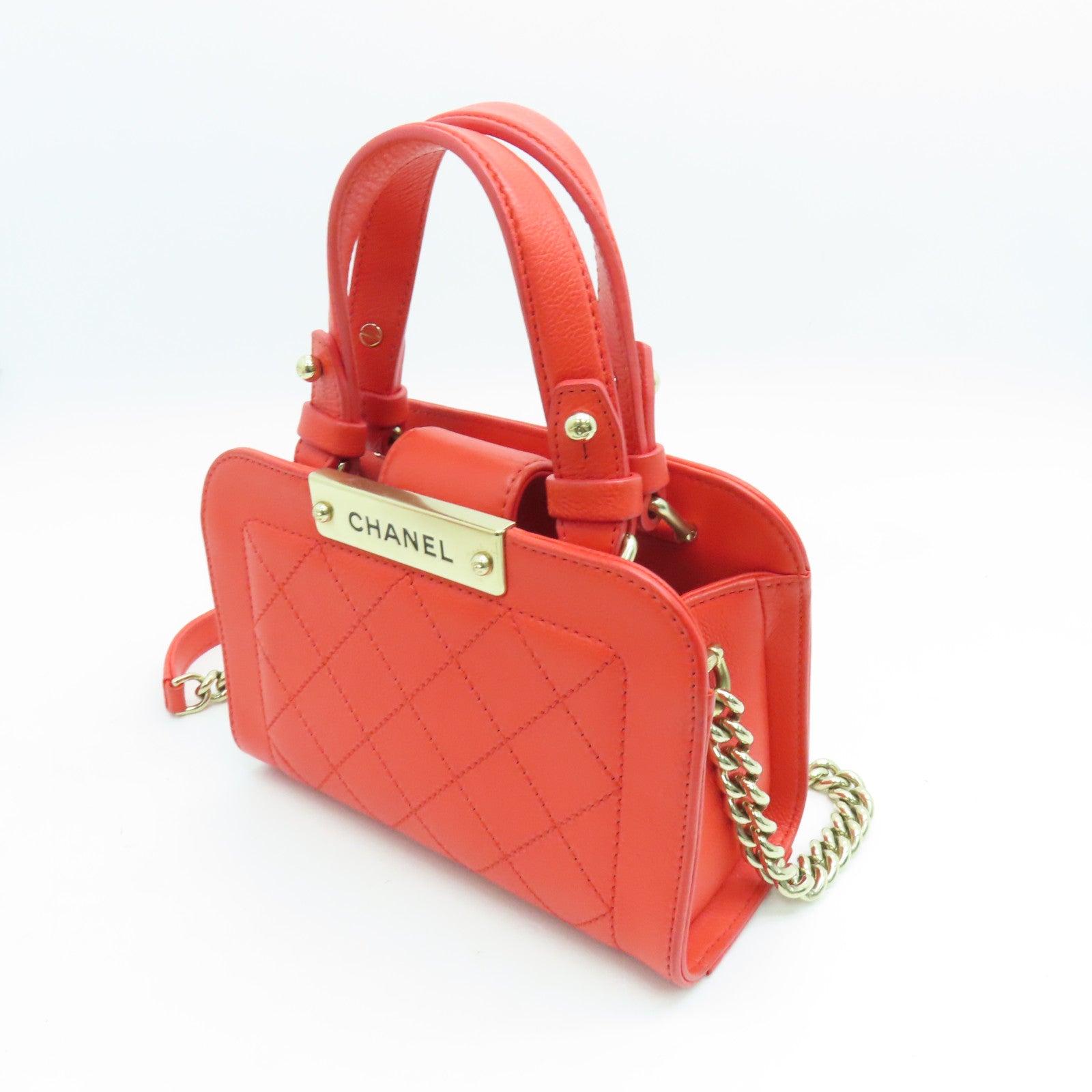 CHANEL 菱格牛皮皮革２Way Shoulder金扣手挽肩背兩用袋橙色