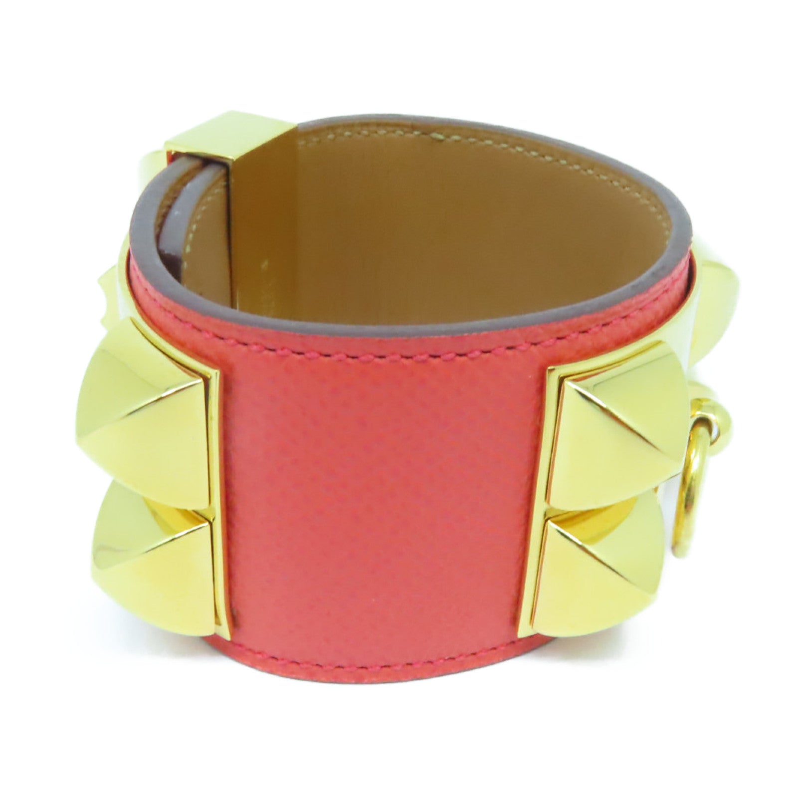 HERMES Epsom皮革Collier De Chien金扣手鐲蜜桃紅色