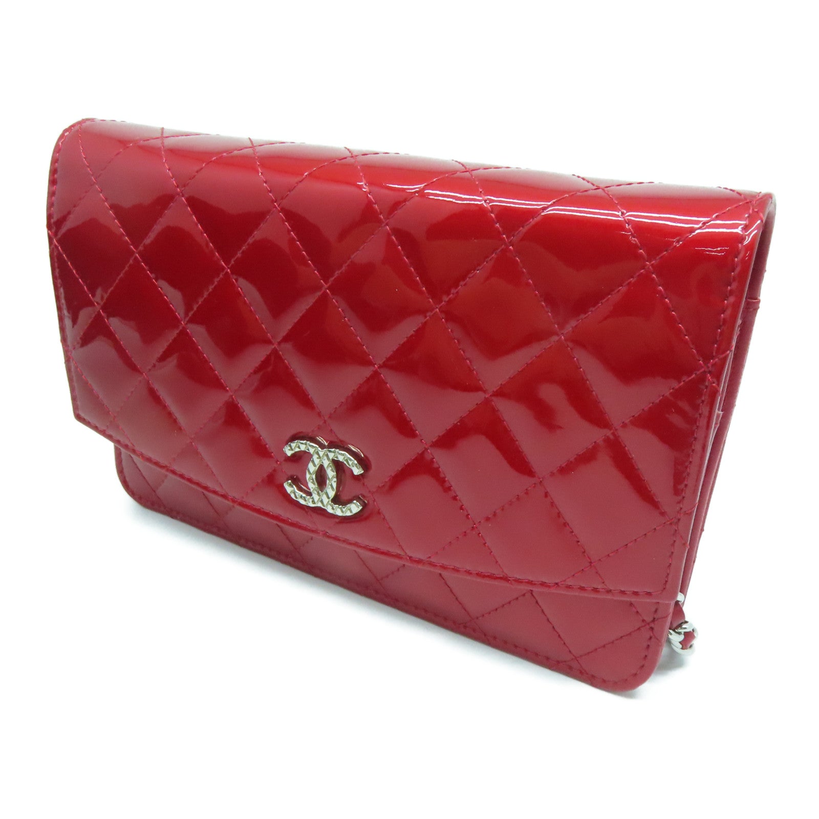 CHANEL Rhombus Patent Leather Wallet on Chain Shoulder Bag Red