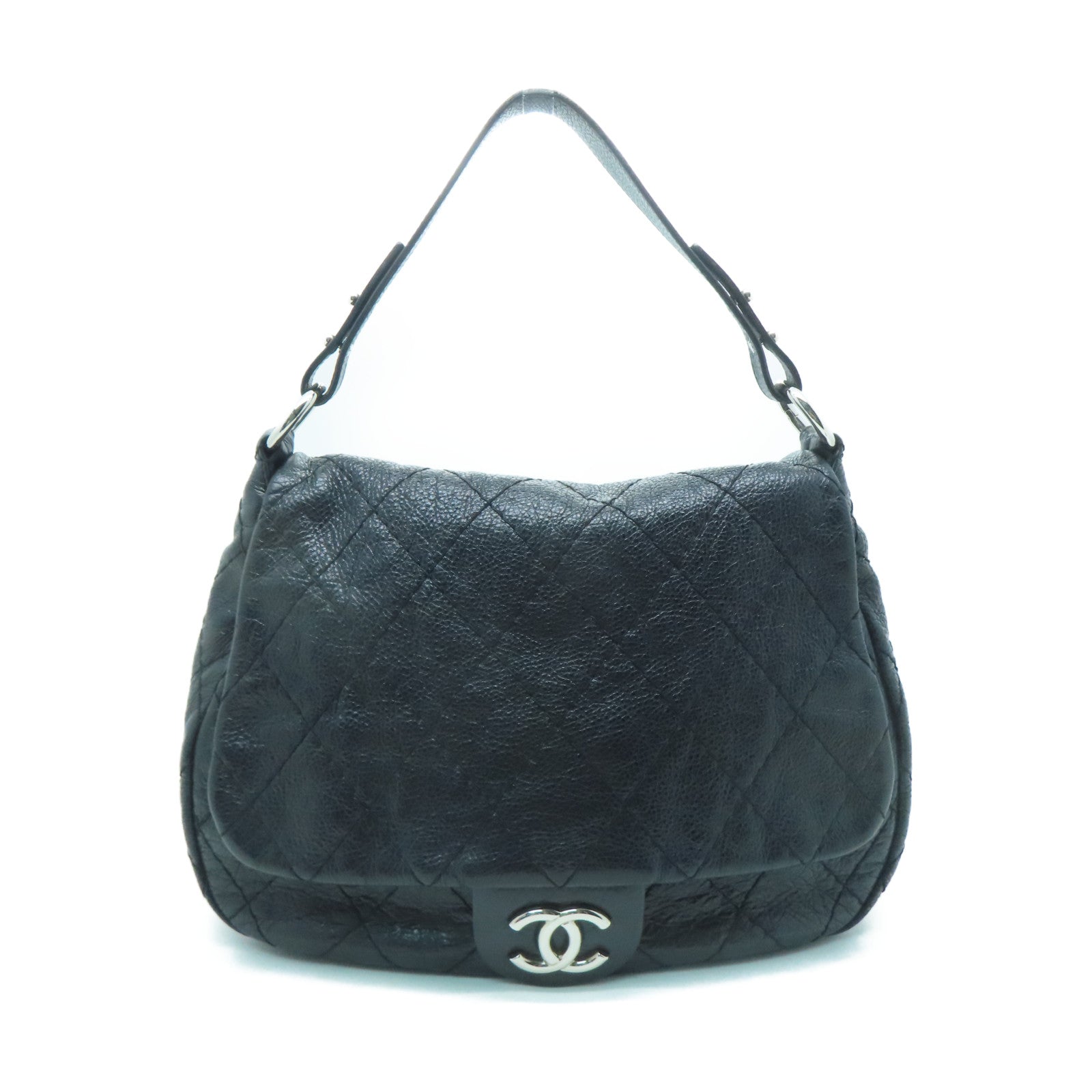 CHANEL 菱格牛皮皮革Shoulder Bag銀扣肩背袋黑色